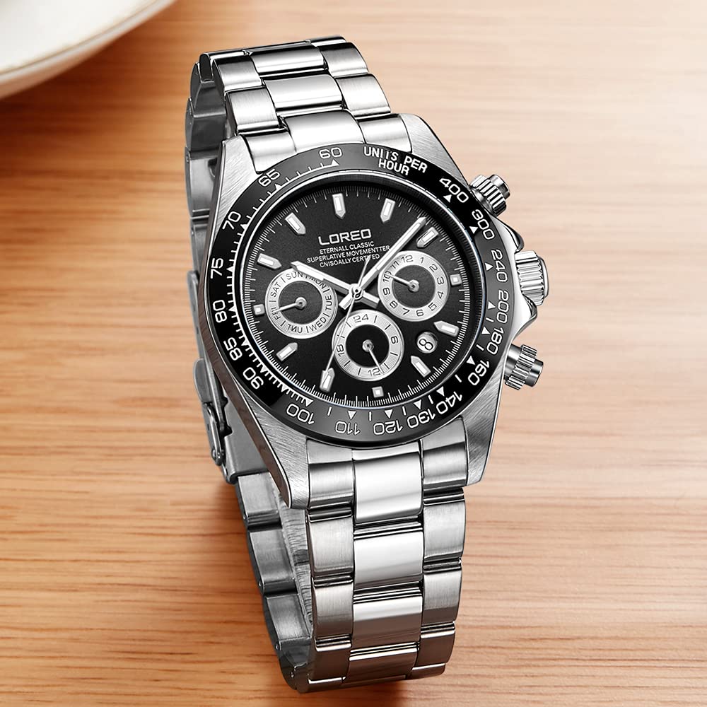 LOREO Men's Automatic Watch - Stainless Steel, Sapphire Glass, Ceramic Bezel, Date Display, Waterproof Military Diving Watch for Men - Perfect for Outdoor Adventures, Diving, and Everyday Wear