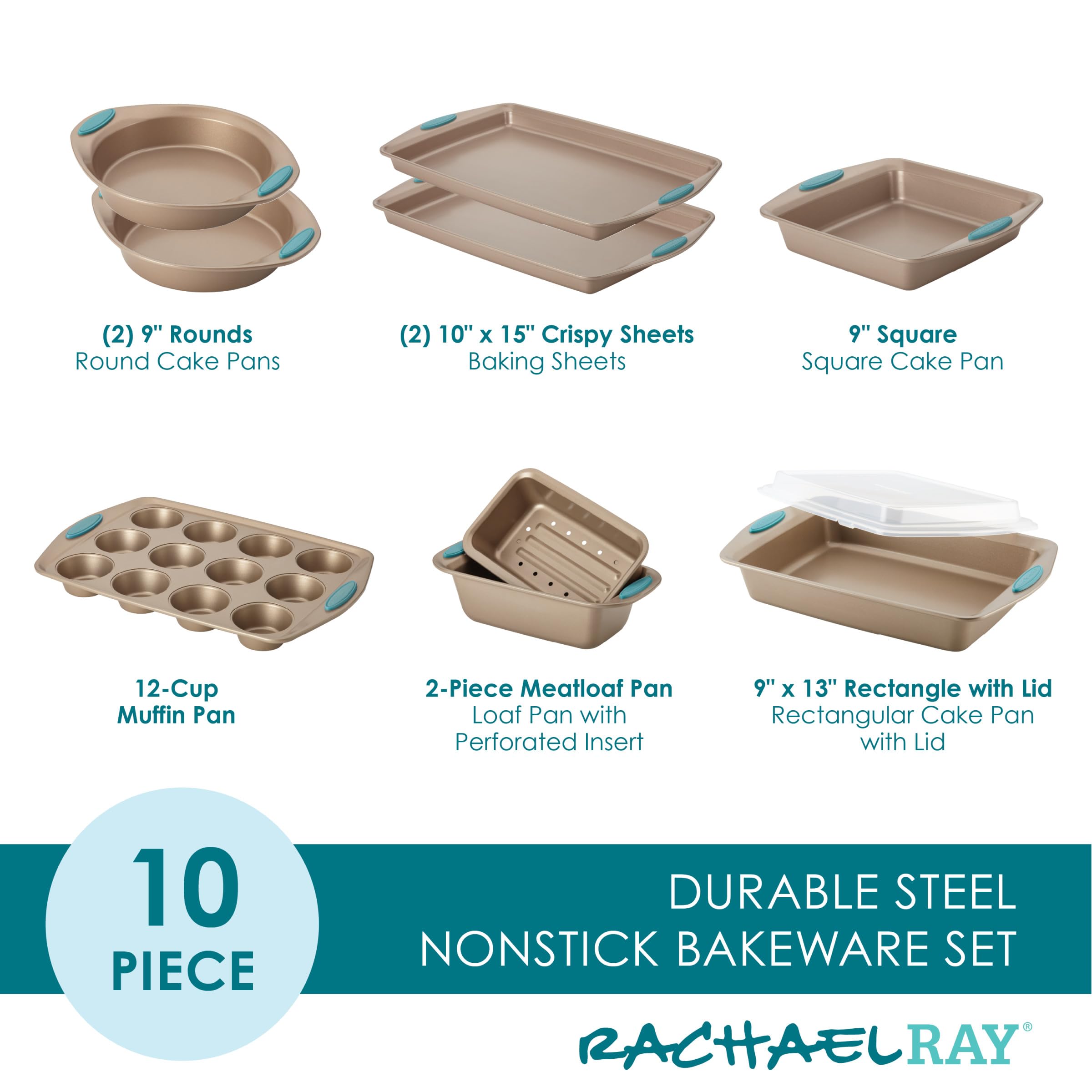 Rachael Ray 47578 10-Piece Nonstick Bakeware Set with Grips - Latte Brown & Agave Blue - Includes Bread Pan, Baking Sheet, Cookie Sheet, Cake Pan & Muffin Pan - Perfect for Baking Cookies, Cakes, Bread & Muffins at Home