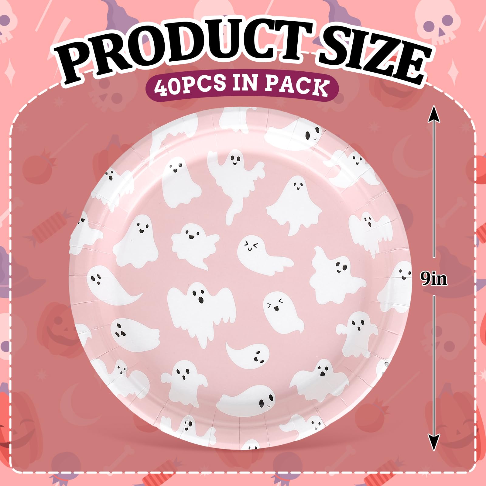 Whaline 40Pcs Halloween Paper Plates - 9 Inch Pink Ghost Disposable Plates, Cute Cartoon Ghost Round Plates for Halloween Party, Birthday, Baby Shower, Table Decor & Party Supplies | Perfect for Spooky Decorations, Themed Events & Festive Gatherings