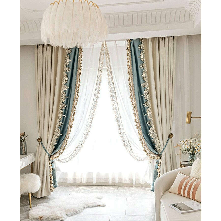 Luxury French Satin Curtains - Beige & Blue - Elegant Designer Drapes for Bedroom & Living Room - Annapolis Collection