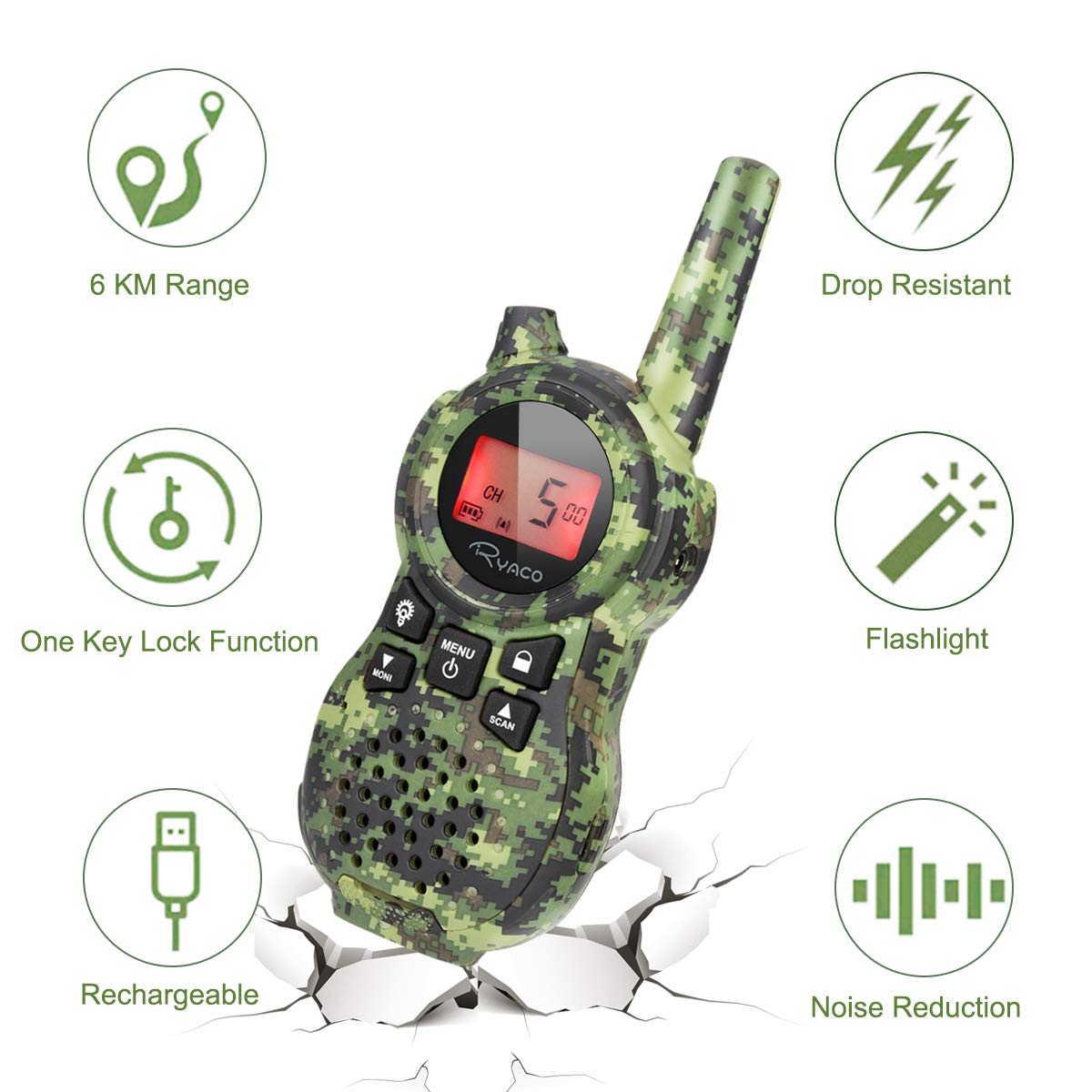Ryaco Kids Walkie Talkie Set of 2 - 8-Channel Two-Way Radios with 3km Range & LED Flashlight for Hiking, Camping, Outdoor Adventures - Perfect for Children's Playtime, Backyard Games, and Family Road Trips