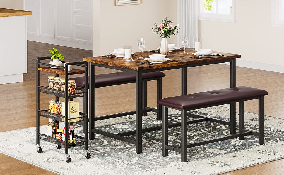 IDEALHOUSE 3-Piece Dining Table Set with 2 Upholstered Benches - Rectangular Kitchen Table for 4 People - Space-Saving Dining Room Furniture for Apartments, Studios & Small Spaces in Retro Brown - Perfect for Breakfast Nooks, Kitchen Dining Areas & Compact Living Rooms