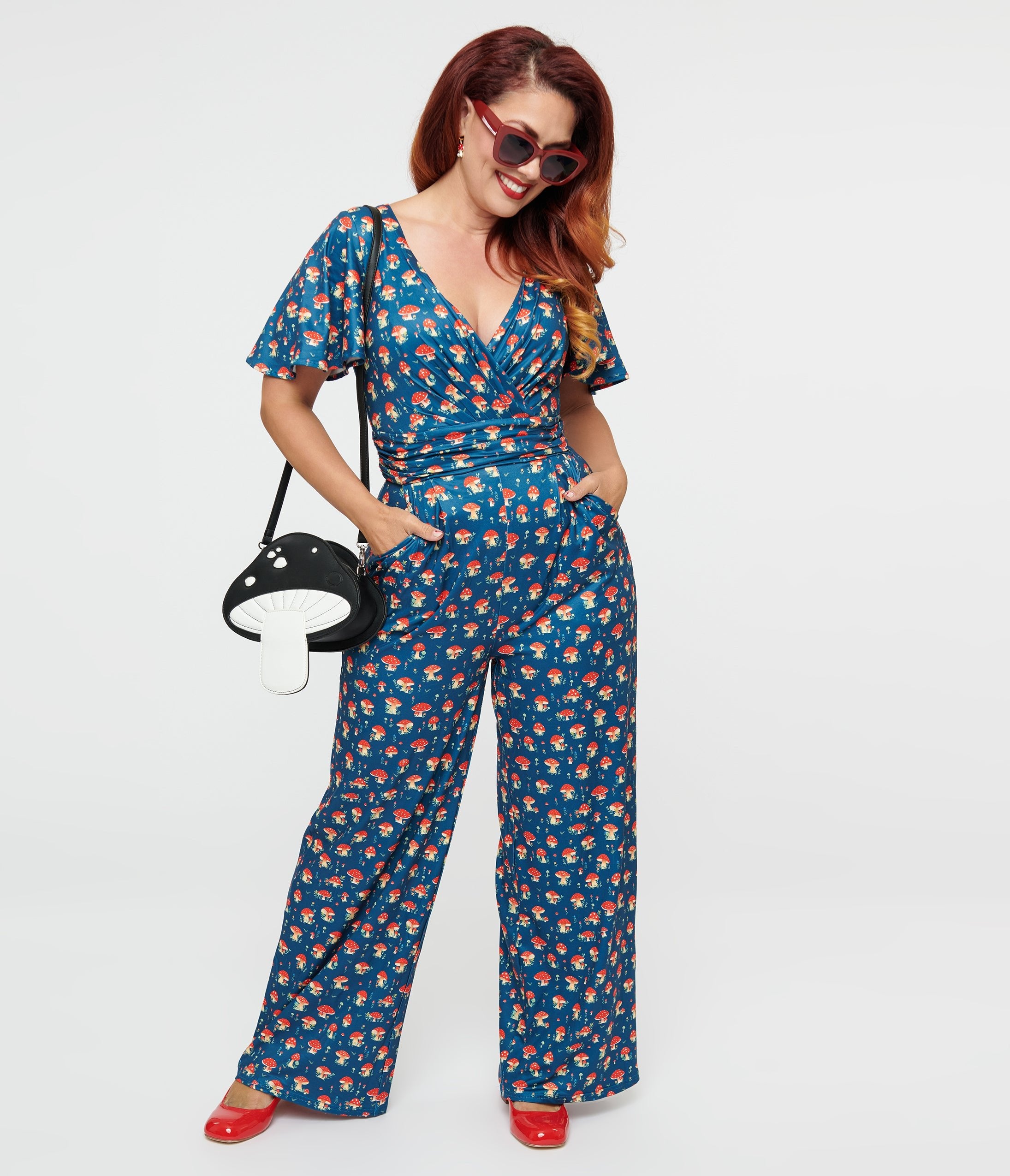 Dolly & Dotty Blue Mushroom Print Charlotte Jumpsuit for Women - Stylish Floral Romper with Pockets | Perfect for Summer Outfits, Beach Vacations & Casual Day Out