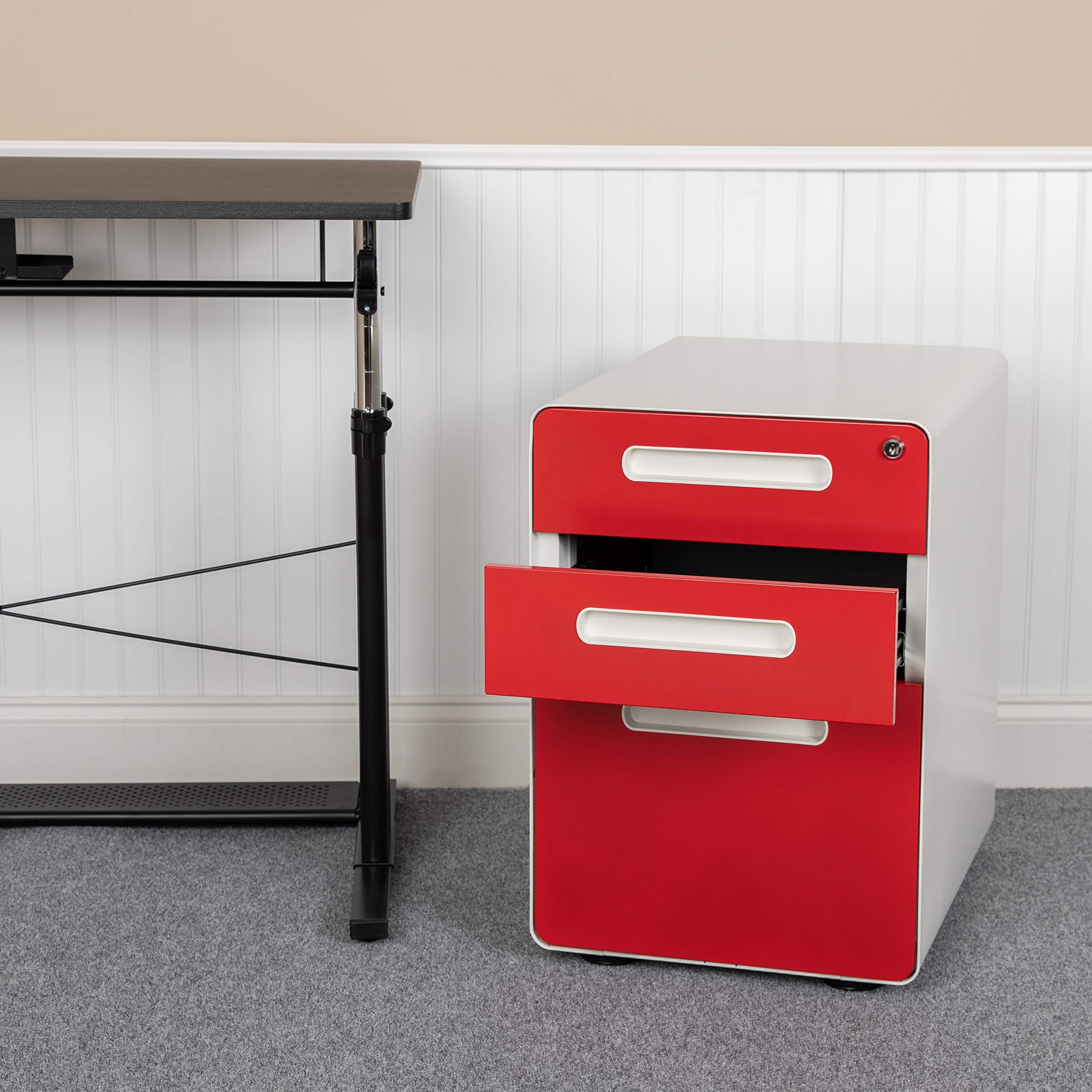 Ergonomic 3-Drawer Mobile Locking Filing Cabinet - White with Red Faceplate | Secure Office Storage Solution for Documents & Files | Perfect for Home Office, Workplace & Business Organization