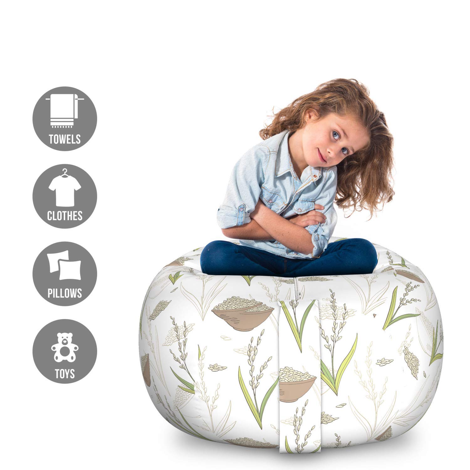 Ambesonne Large Washable Toy Storage Bag Chair - Hand Drawn Rice Plant & Bowl Design, Stuffed Animal Organizer in Warm Taupe & Reseda Green | Kids Room Decor, Playroom Storage Solution, Bean Bag Alternative
