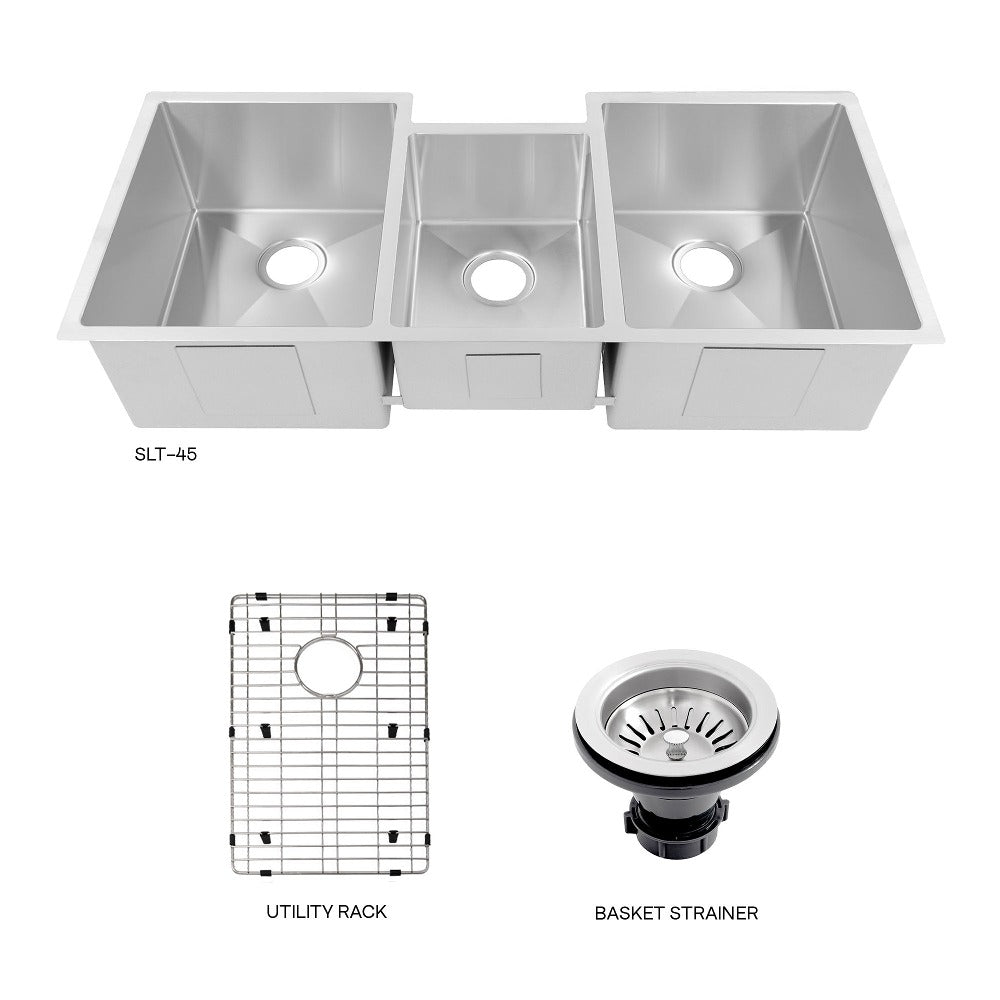 ZLINE Breckenridge 45-Inch Undermount Triple Bowl Stainless Steel Kitchen Sink with Bottom Grid & Accessories (SLT 45) - Perfect for Large Kitchens, Commercial Use & Heavy-Duty Food Prep