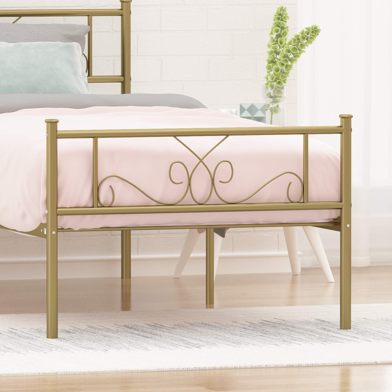Weehom Twin Size Bed Frame with Headboard - 12.7 Inch Gold Platform Bed, Sturdy Metal Steel Slats Mattress Foundation for Adults, Teens, Kids - Perfect for Small Bedrooms, Guest Rooms & Dormitories