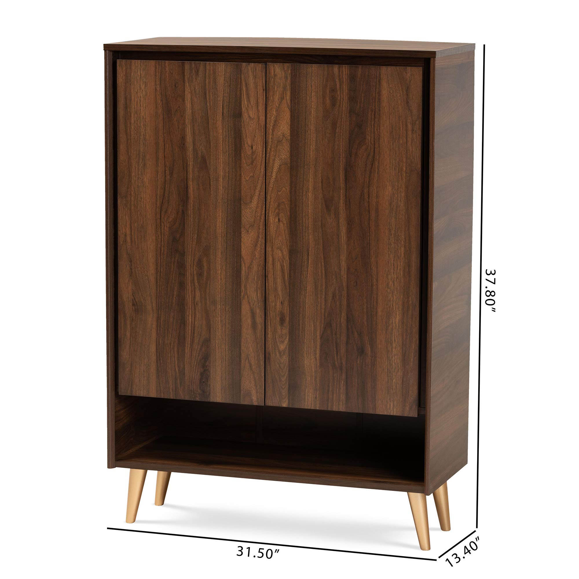Baxton Studio Landen Mid-Century Modern Shoe Storage Cabinet - 2-Door Entryway Organizer in Walnut Brown & Gold Finish | Perfect for Small Spaces, Hallways & Closets