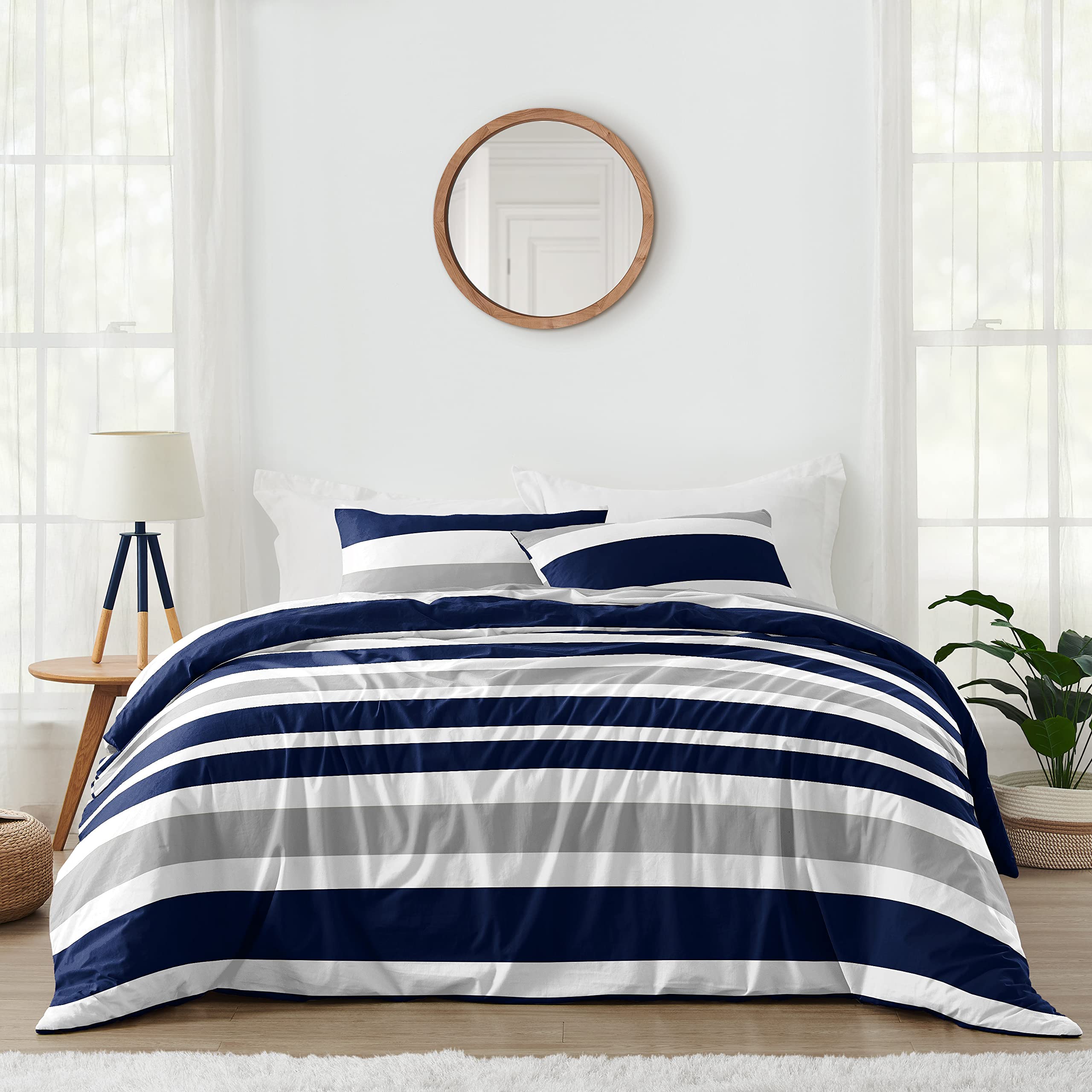 Navy Blue, Gray & White 3-Piece Boys' Stripe Bedding Set - Full/Queen Size for Kids & Teens - Perfect for Bedrooms, Dorms & Sleepovers