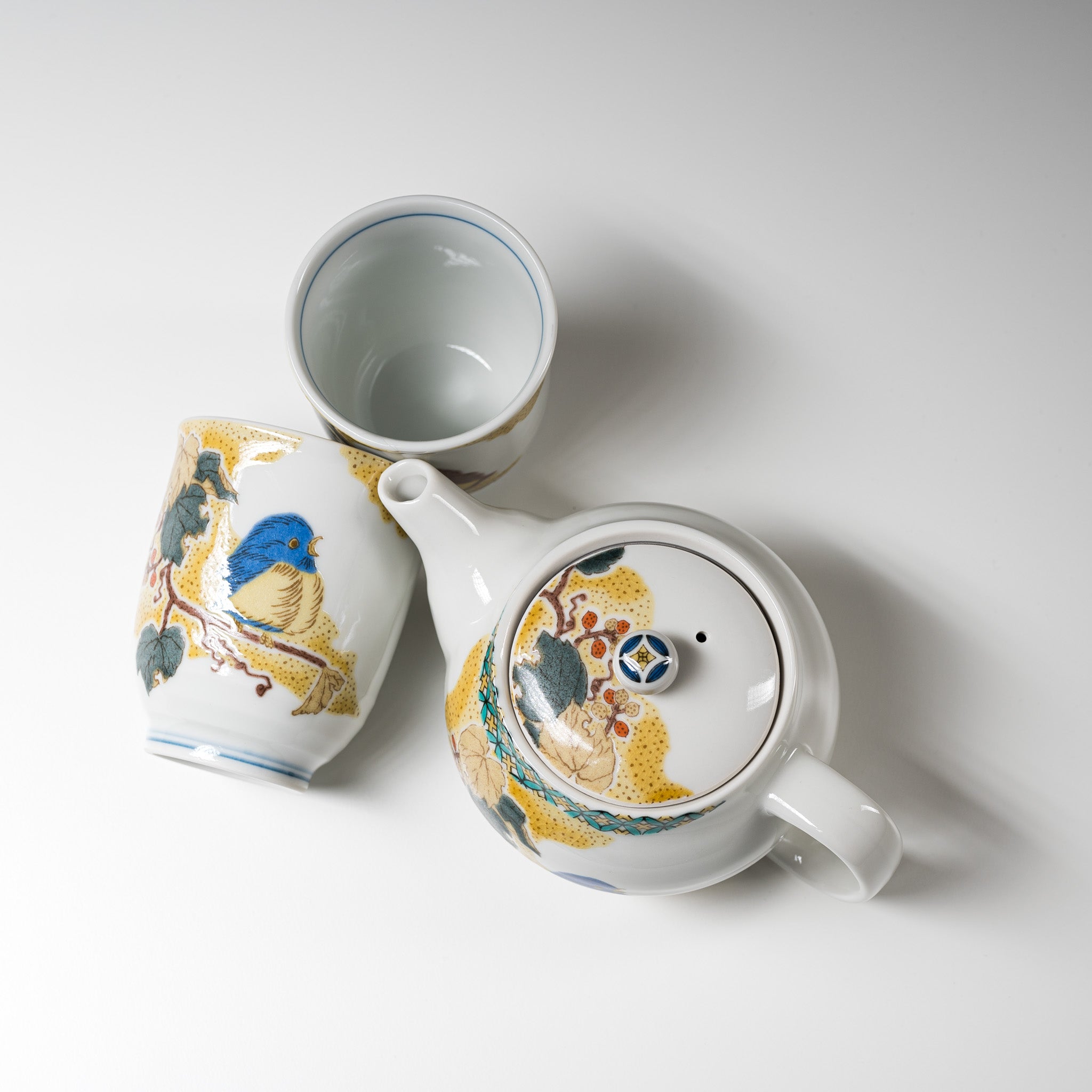 Japanese Kutani Ware Tea Set with Sparrow Design - Handcrafted Porcelain Teapot & Cups - Perfect for Traditional Tea Ceremonies & Home Decor