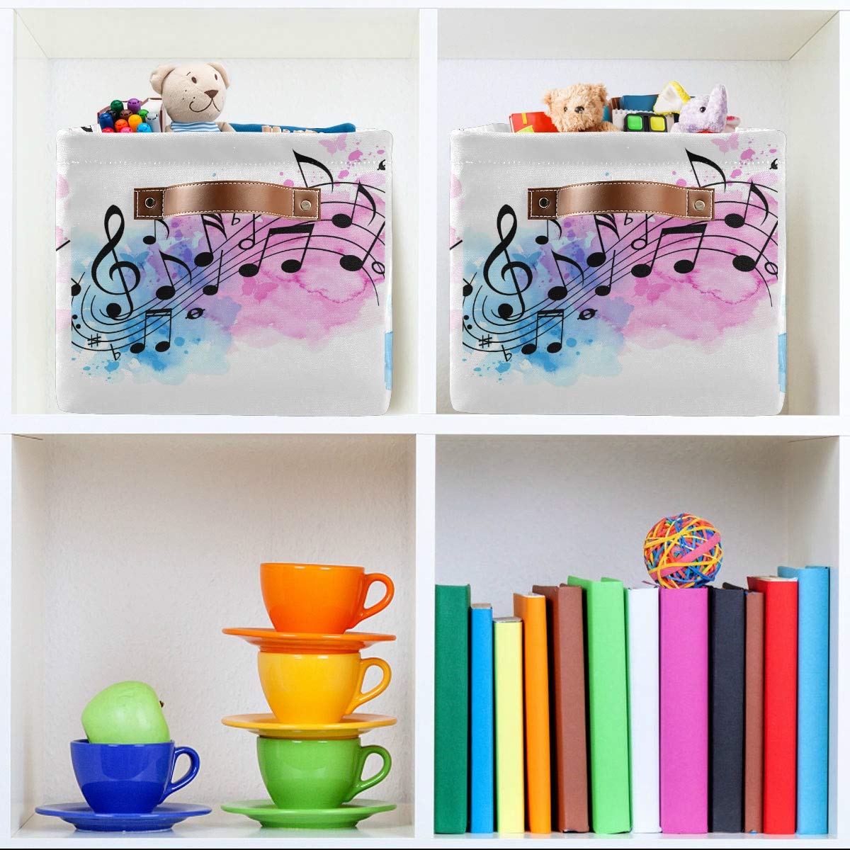 Abstract Music Notes Canvas Storage Basket - Collapsible Fabric Bin with PU Leather Handles for Toys, Wardrobe & Closet Organization | Perfect for Nursery, Playroom & Bedroom Storage