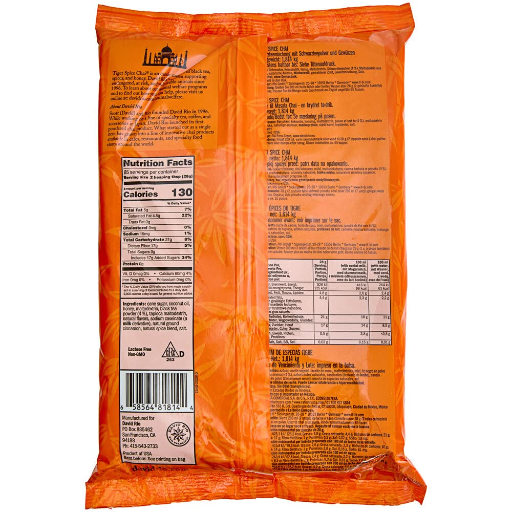 David Rio Tiger Spice Chai Tea - 2 Pack (4 Lb Each) | Premium Chai Latte Mix for Coffee Shops, Home Brewing & Gifts | Rich & Spicy Flavor | Non-GMO, Gluten-Free