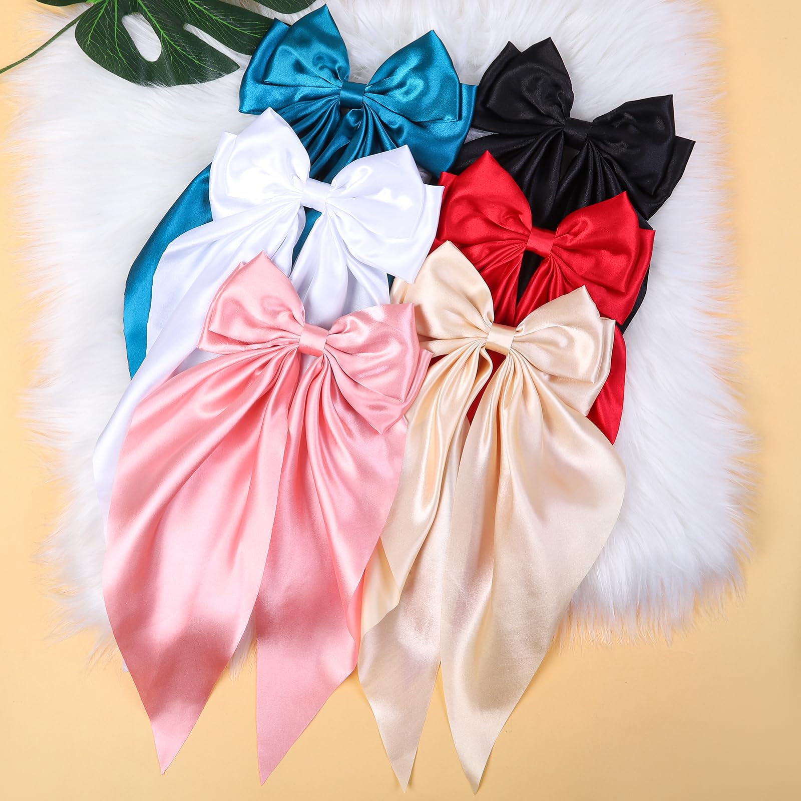 6PCS Large Bow Hair Clips for Women - Silky Satin Hair Bows with Long Tail - Elegant Hair Accessories for Women & Girls - Perfect for Weddings, Parties & Daily Styling