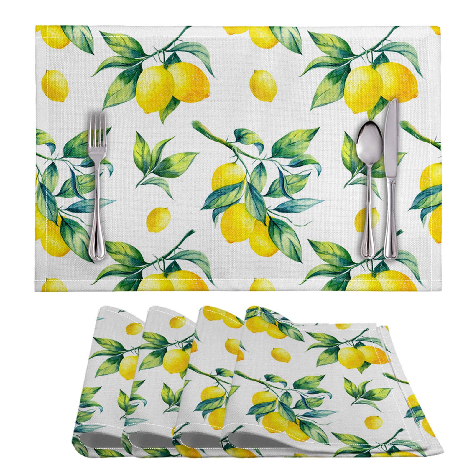 Belidome Lemon Leaves Placemats Set of 6 - Non-Slip Waterproof Table Mats for Kitchen, Dining Table, Home Decor - Perfect for Everyday Meals, Parties & Outdoor Picnics