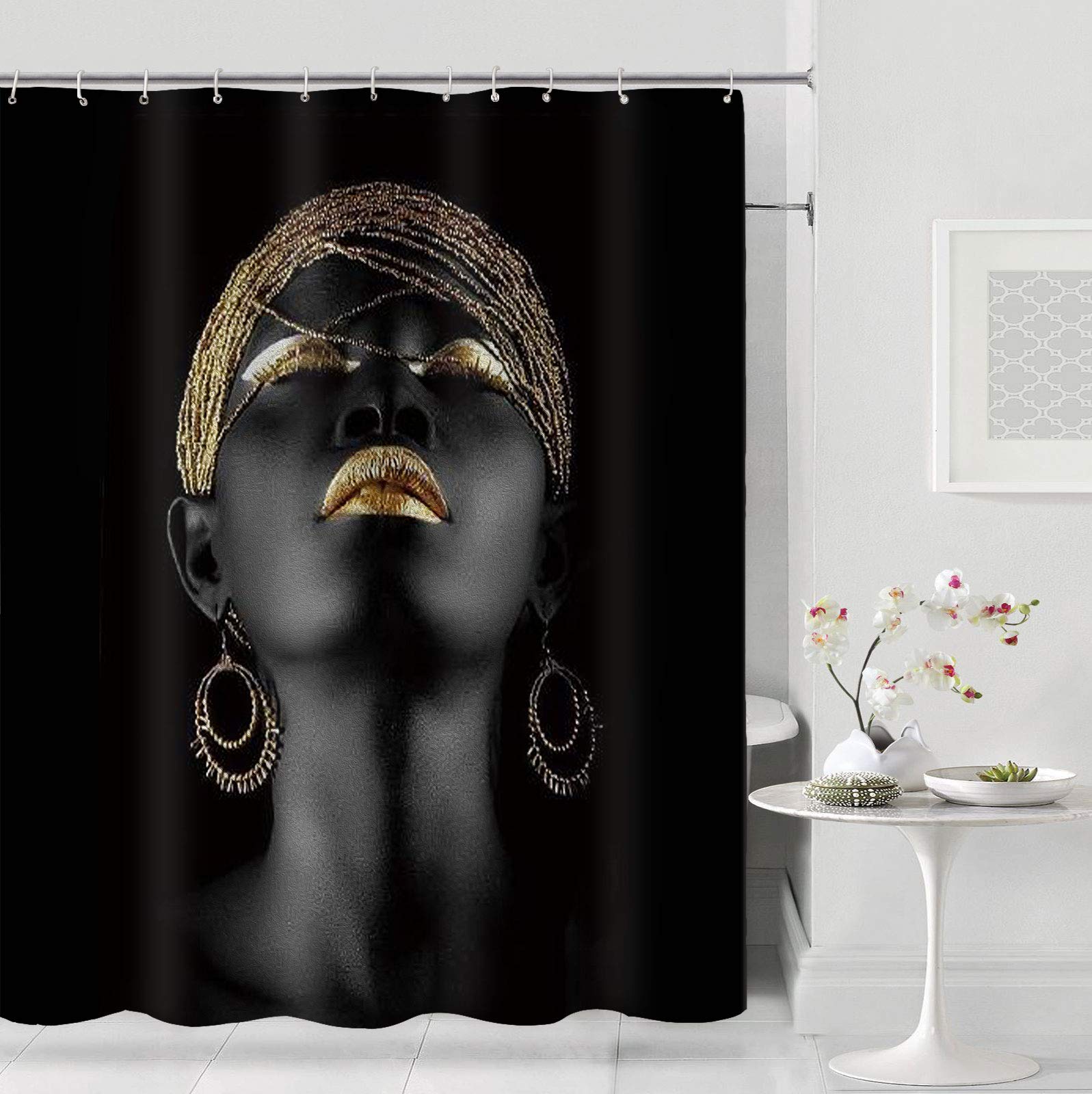 Black Afro Girl Shower Curtain with Golden Lips Design - 72x72 Inch Washable Polyester Fabric Bathroom Decor Set Includes 12 Hooks - Perfect for Afrocentric Bathroom Themes, Black Girl Magic Decor & Modern Home Accessories