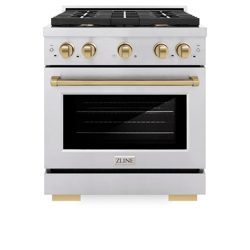 ZLINE Autograph Edition 30-inch 4.2 cu. ft. Stainless Steel Gas Range with 4 Burner Cooktop, Convection Oven & Champagne Bronze Accents - Perfect for Modern Kitchens & Professional Cooking (Model SGRZ 30 CB)