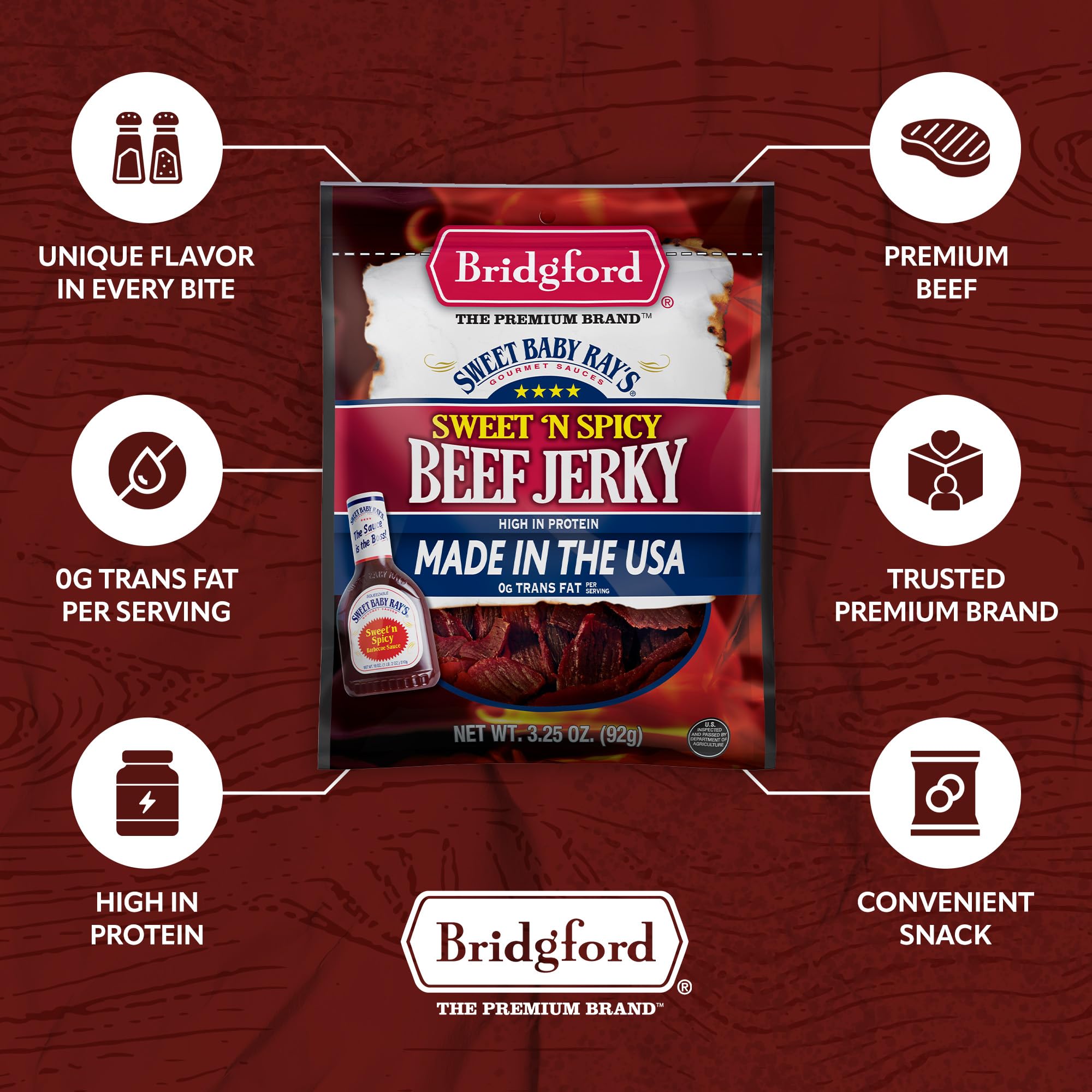 Bridgford Sweet Baby Ray's Peppered Beef Jerky 10 oz (Pack of 4) | High Protein Low Carb Healthy Snack | Gluten Free Keto Friendly | Perfect for Hiking, Camping, Travel & Office Snacks