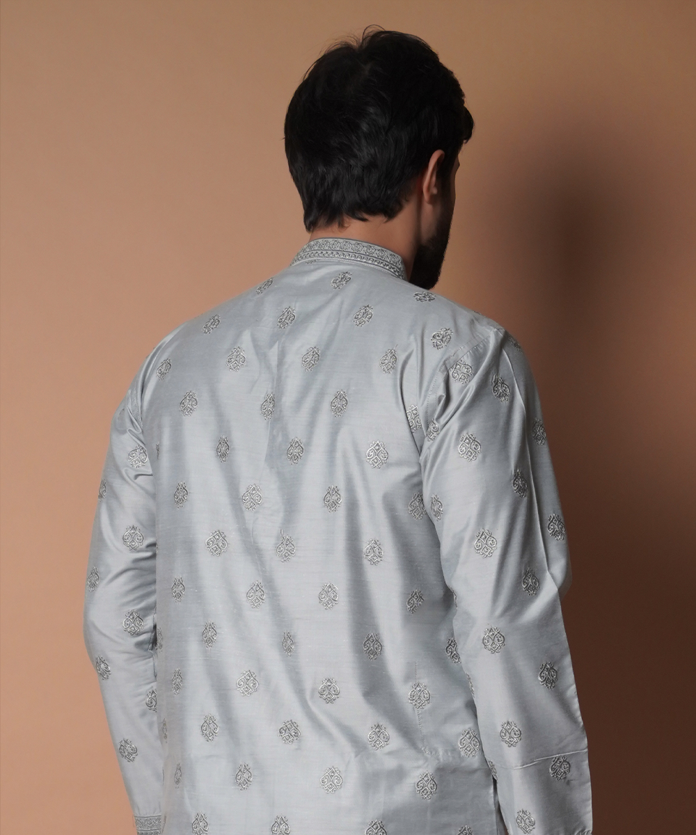 Stylish Ash Grey Motif Kurta and Pants Set for Men - Traditional Indian Ethnic Wear for Festivals, Weddings & Casual Outings