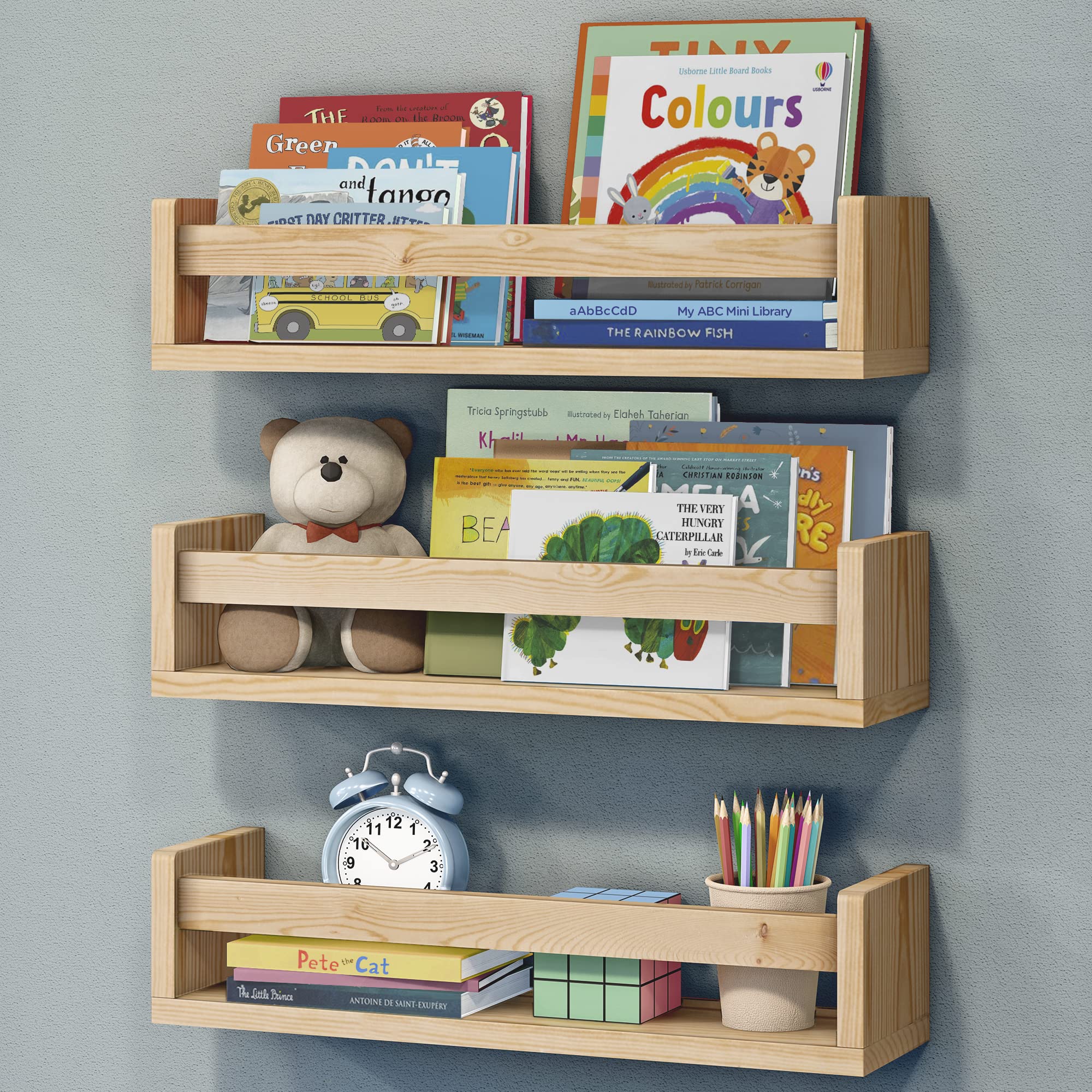 NATURE SUPPLIES Floating Shelves Set of 3 - Minimalist Wooden Wall Shelves for Nursery, Playroom & Baby Room - Kids Book Organizer with Natural Finish - Perfect for Storage, Display & Home Decor