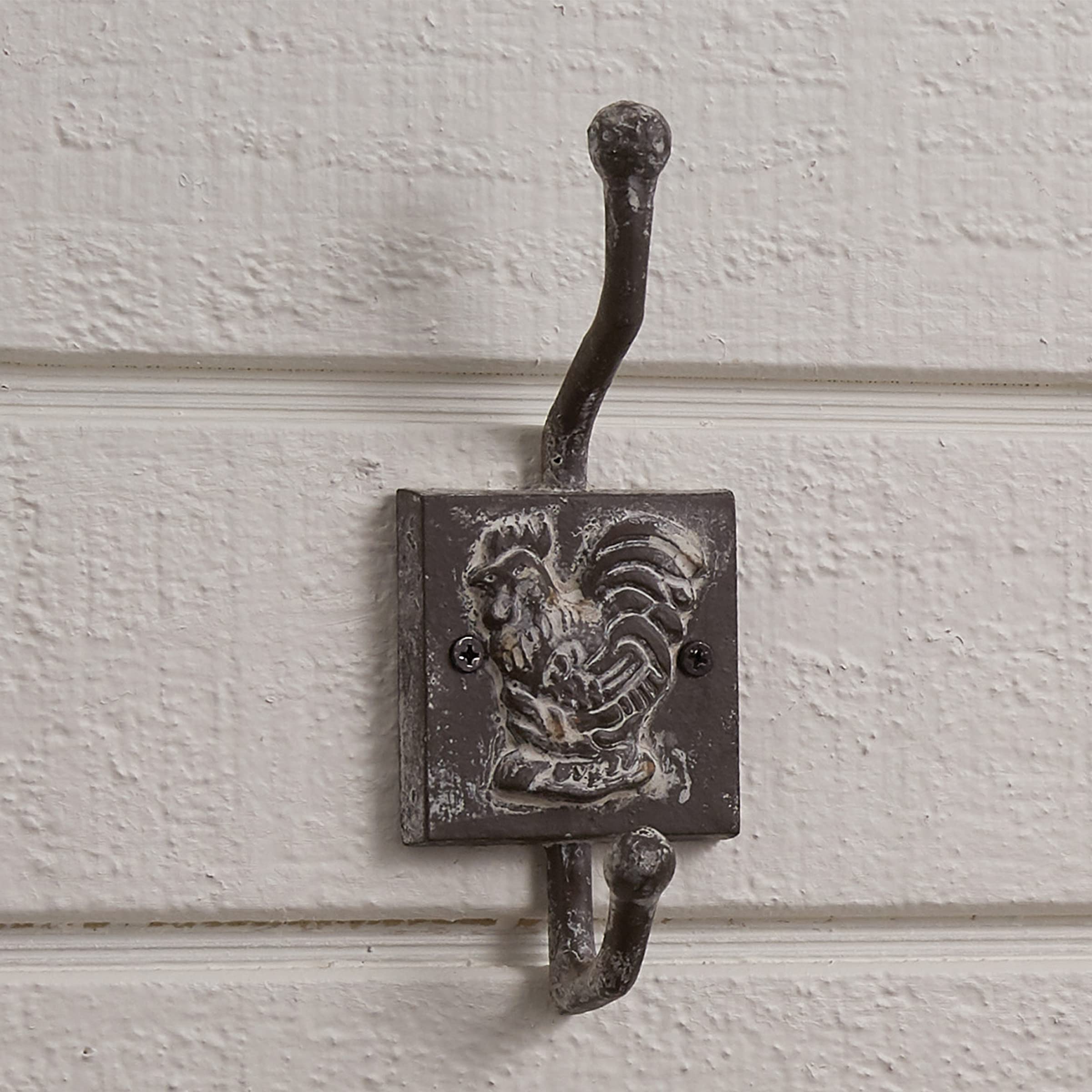 Park Designs Rooster Cast Hook Whitewash Tin Set of 4 - Rustic Farmhouse Wall Decor for Kitchen, Bathroom, or Entryway Organization