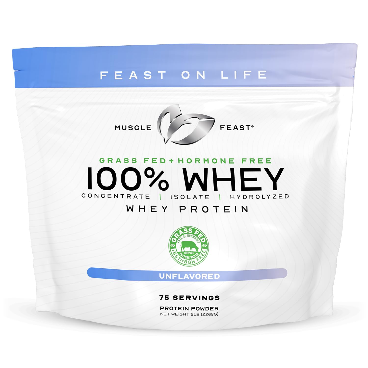 Muscle Feast 100% Grass-Fed Whey Protein Powder - 5lb Unflavored, Hormone & Antibiotic Free, Pasture Raised | Ideal for Post-Workout Recovery, Smoothies & Baking