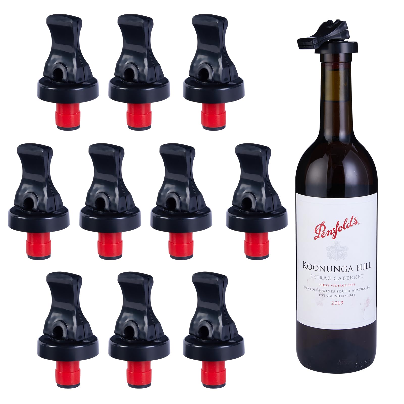 10 Pack Plastic Vacuum Wine Stoppers with Airtight Seal - Wine Bottle Toppers & Savers to Keep Wine Fresh - Perfect for Home Bars, Parties & Wine Storage (Red/Black)