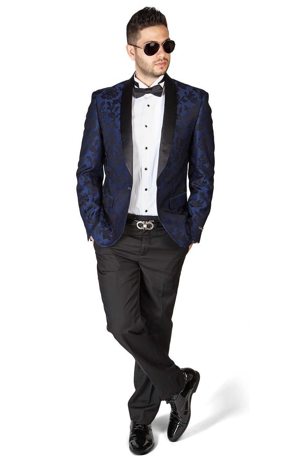 AZAR 1714 Slim Fit 1-Button Shawl Collar Satin Floral Tuxedo Jacket & Black Dress Pants Set for Men | Wedding Suit, Prom Tuxedo, Evening Party Attire, Gala Outfit, Formal Occasions