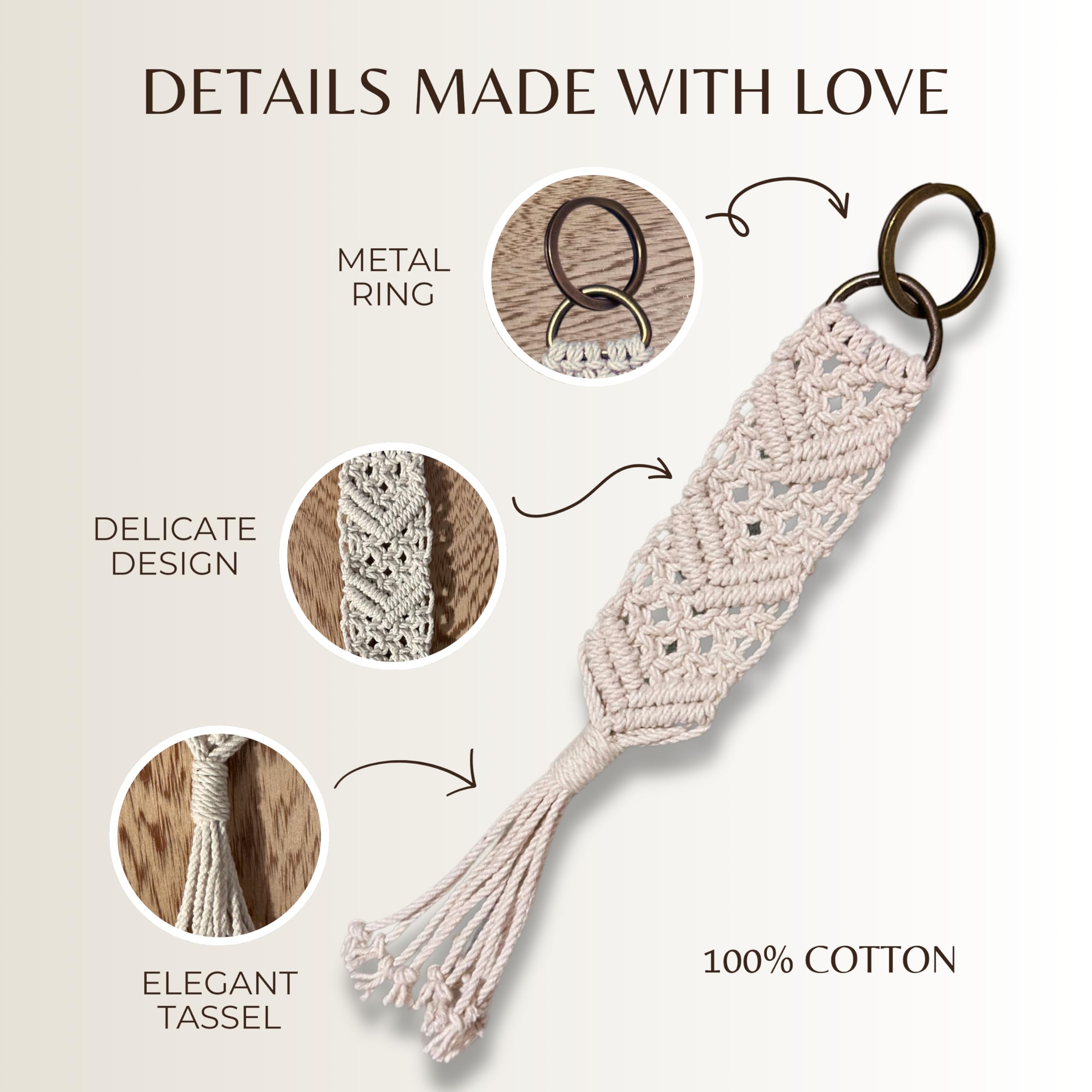 Macrame Keychain for Women - Handwoven Cotton Cord with Metal Ring & Tassel - 8 Inch Boho Style Key Holder - Perfect for Keys, Bags & Gifts - ATM Double V Design Keychain for Everyday Use