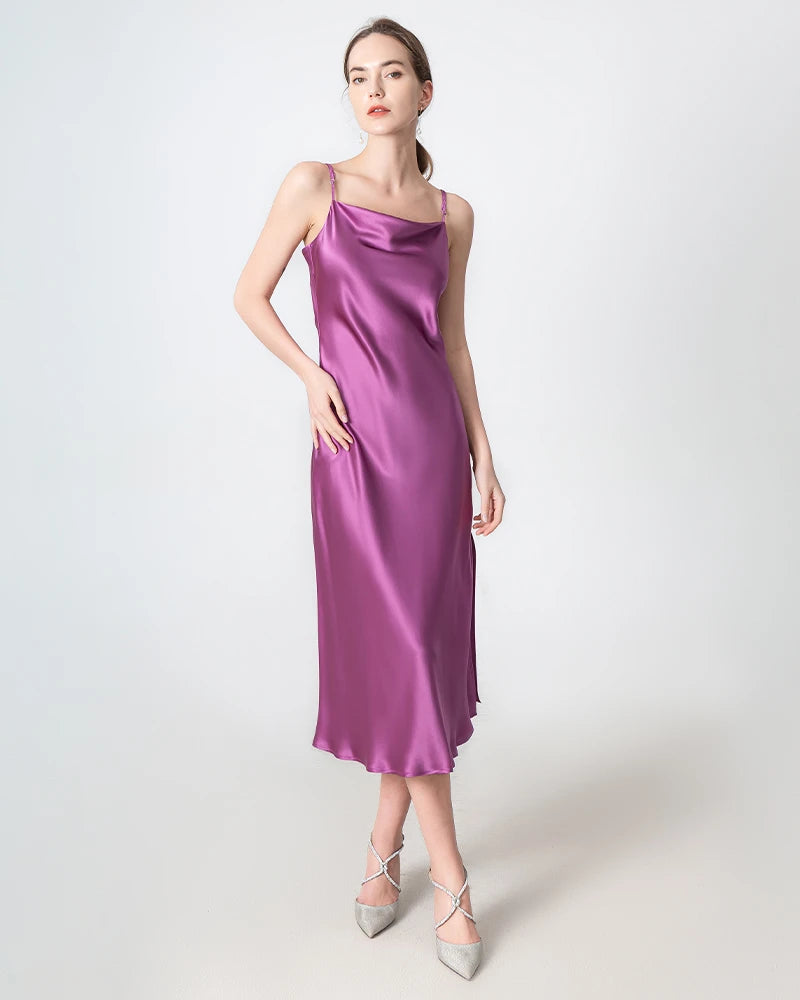 Elegant Slit Cowl Neck Midi Silk Dress for Women - Luxury Party & Evening Wear - Perfect for Weddings, Cocktails & Special Occasions