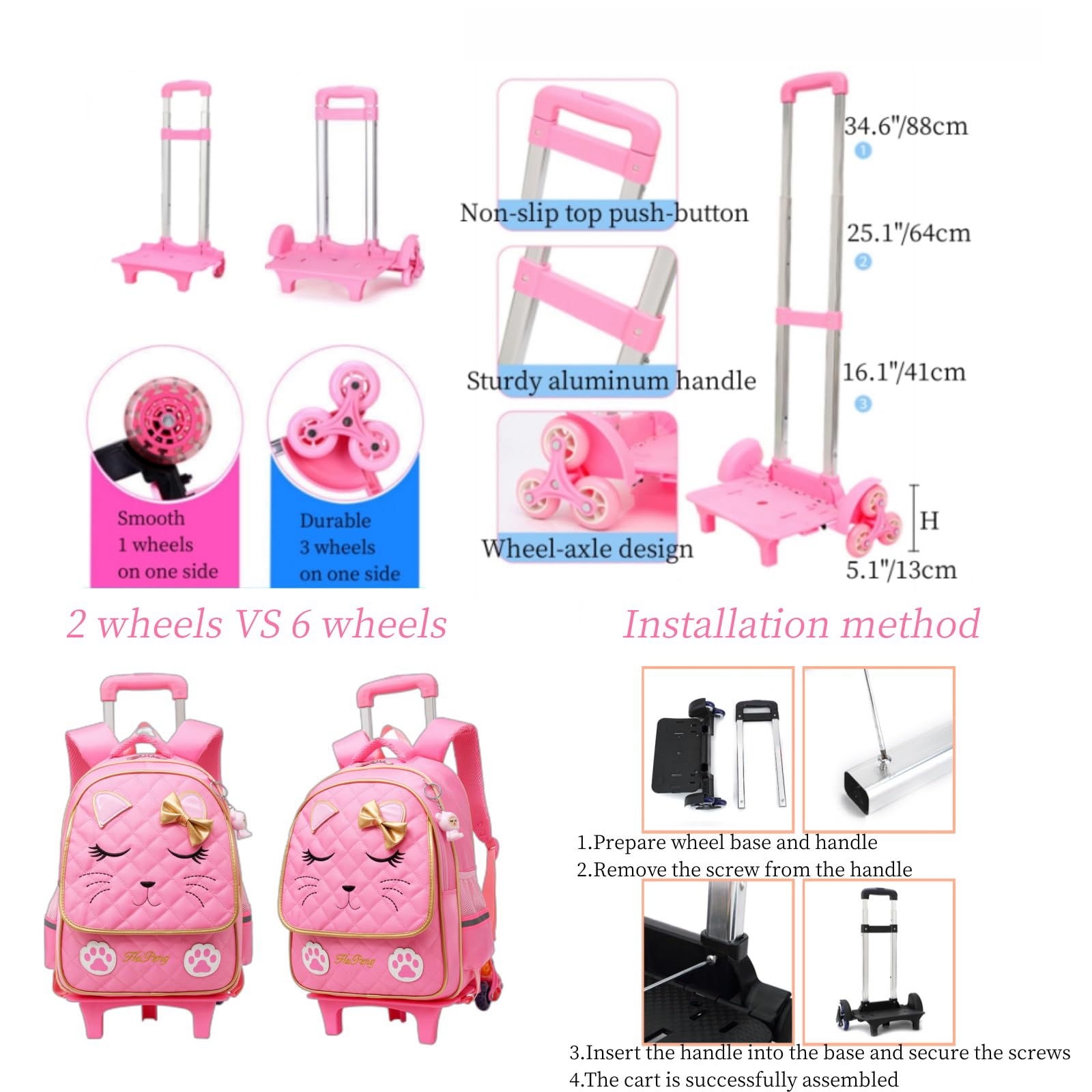 Cute Cat Face Rolling Backpack for Girls - Pink 6-Wheel Trolley School Bag with Bowknot | Kids Travel Luggage & Carry-On for School, Airplane, and Daily Use