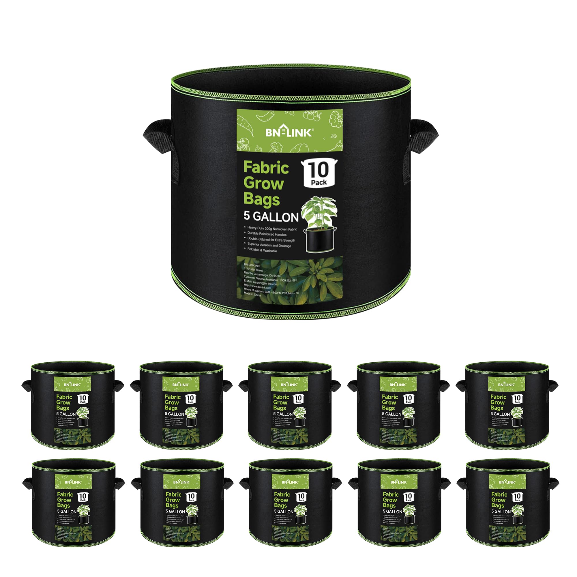 BN-LINK 10-Pack 5 Gallon Heavy Duty Aeration Fabric Grow Bags with Handles - Thickened Nonwoven Plant Pots for Vegetables, Flowers, Fruits - Ideal for Indoor/Outdoor Gardening, Container Planting & Hydroponics