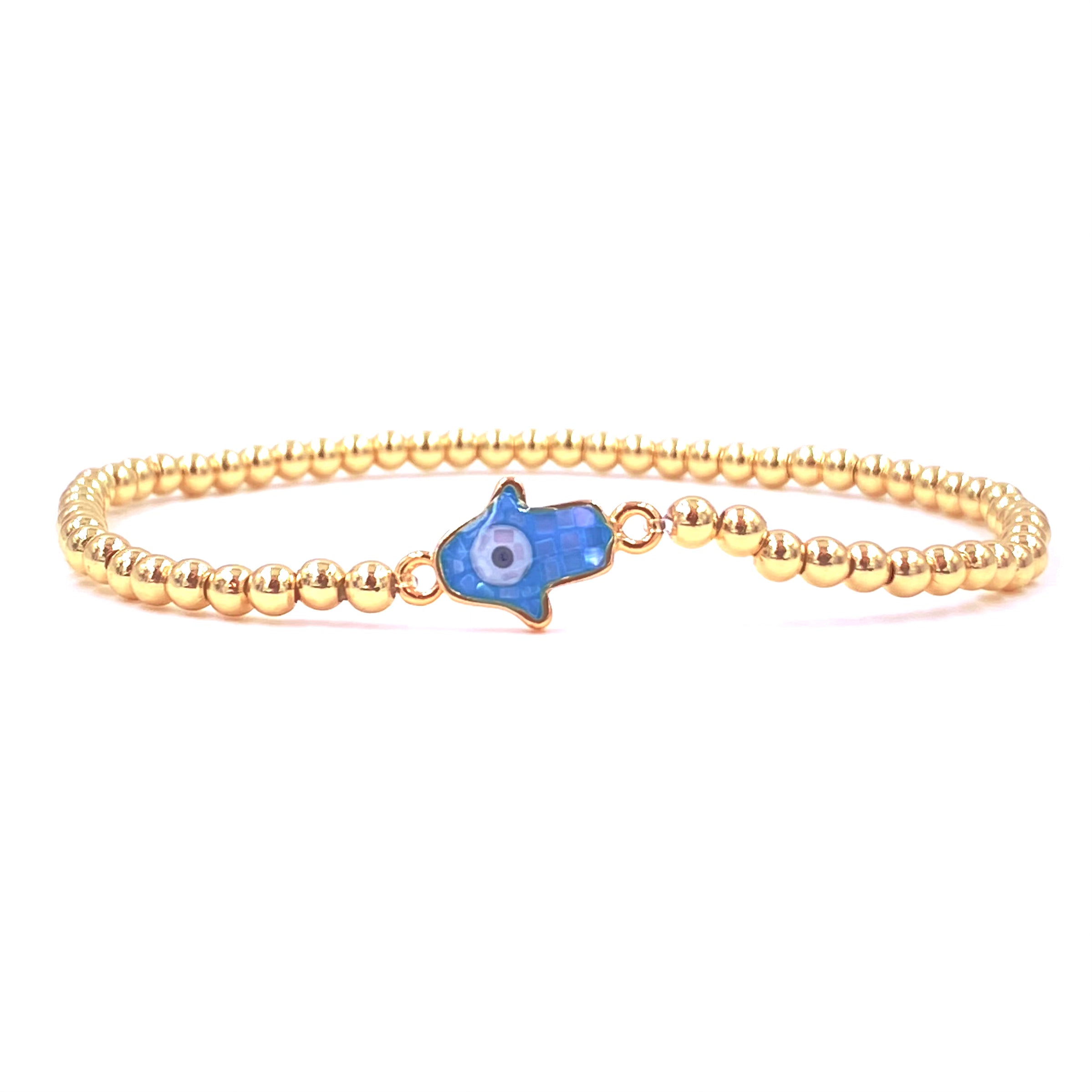 Ashley Gold Stainless Steel Fused Glass Hamsa Hand Evil Eye Stretch Bracelet - Spiritual Protection Jewelry for Women, Gift for Yoga & Meditation