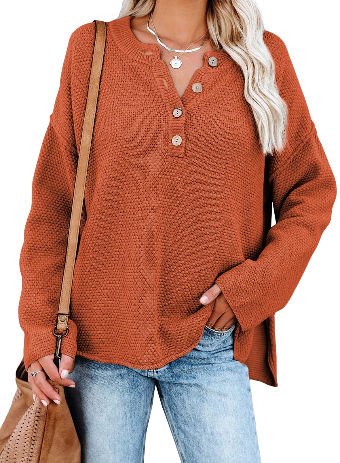SHEWIN Women's Waffle Knit V-Neck Sweater Long Sleeve Henley Pullover Top with Side Slits | Casual Button-Up Jumper for Fall & Winter | Perfect for Office, Dating and Weekend Outfits