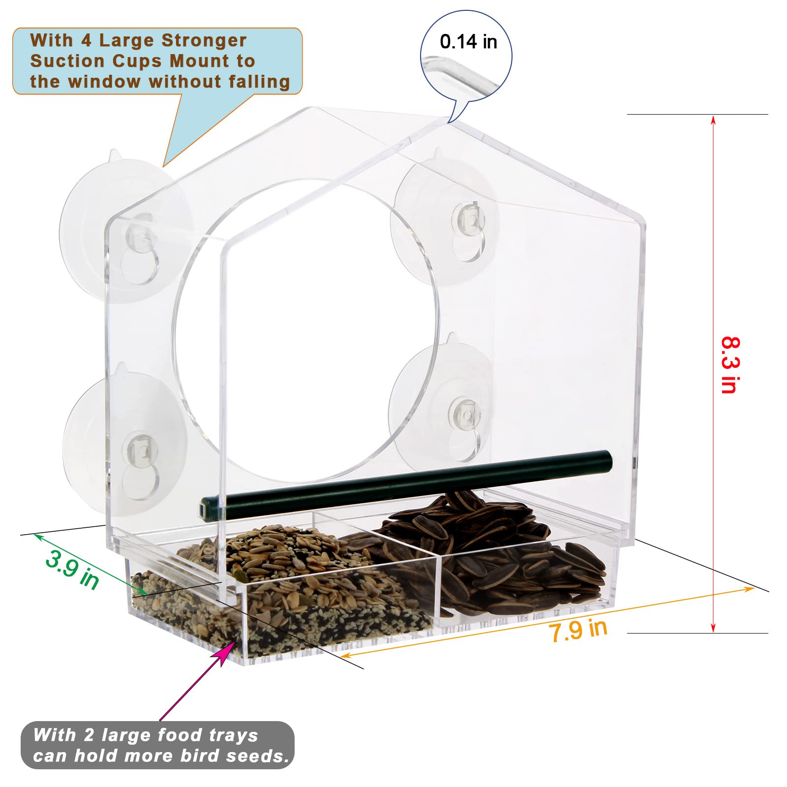 Clear Acrylic Window Bird Feeder with 4 Strong Suction Cups - Removable Drain Hole Tray, Easy to Install & Clean - Perfect for Backyard Bird Watching & Nature Lovers