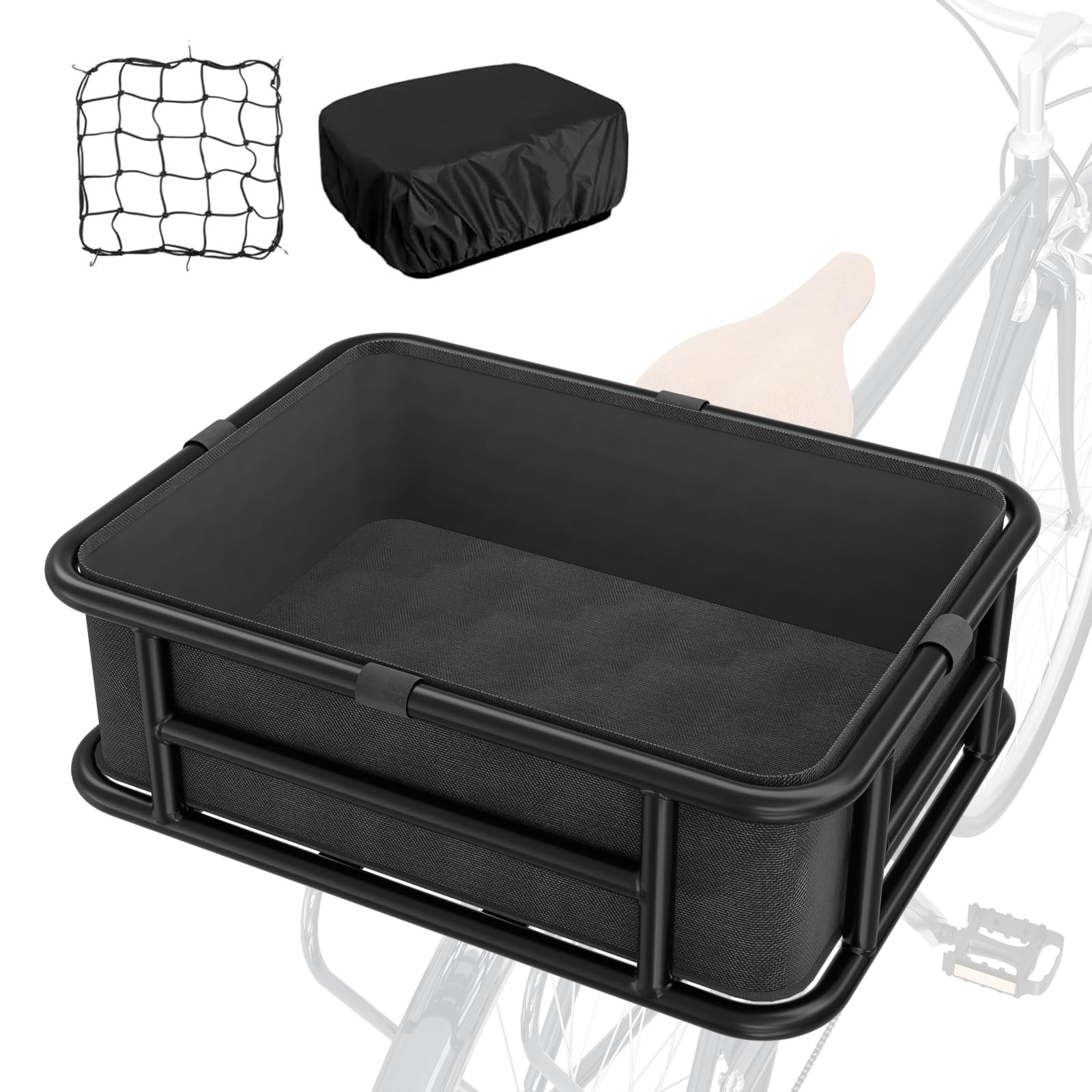 **Heavy Duty Rear Bike Basket with Liner, Elastic Net & Rain Cover – Large Metal Rear Rack Basket for Bicycle, E-Bike & Cargo Bike – Perfect for Commuting, Groceries & Outdoor Adventures**