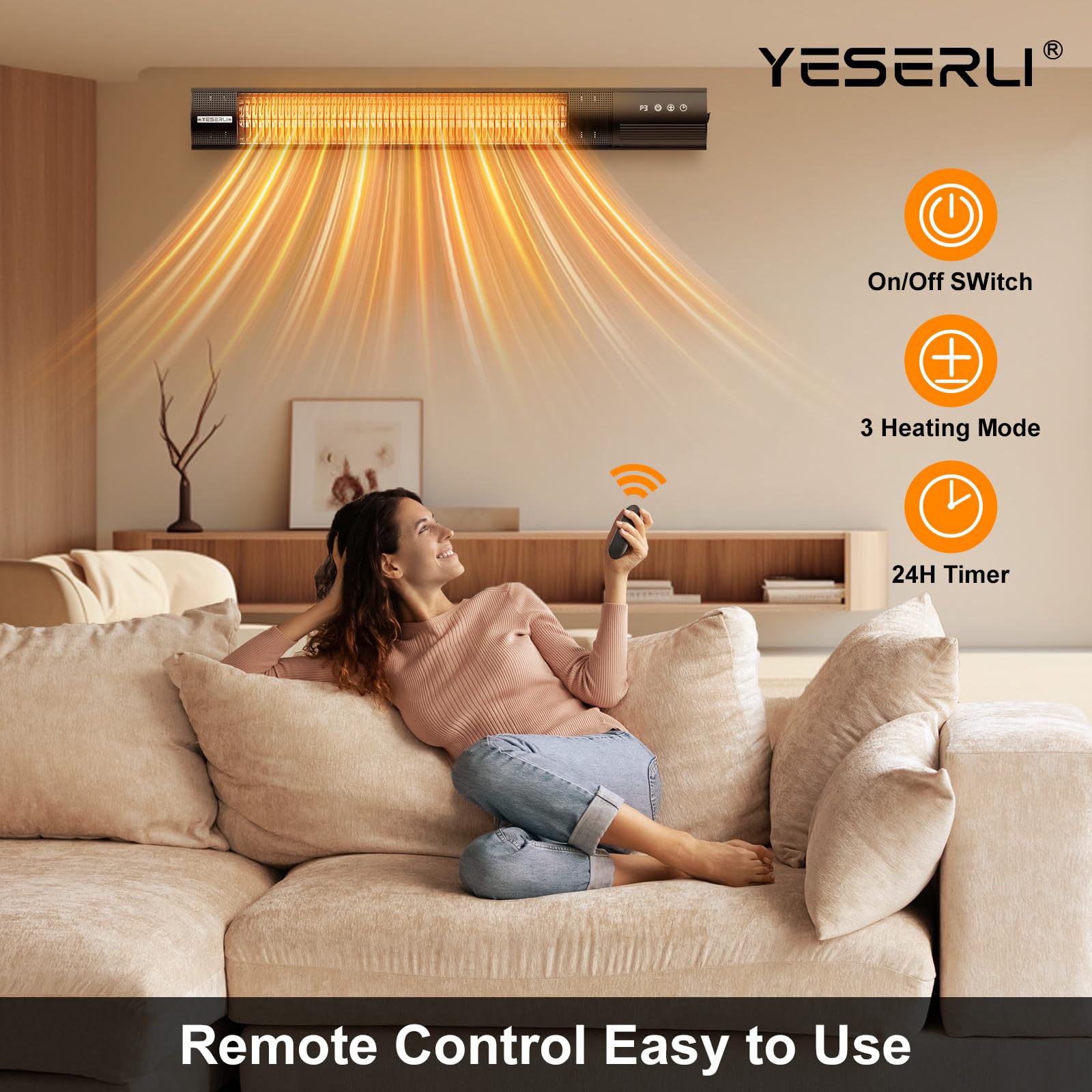YESERLl 1500W Electric Patio Heater with Remote Control - 3 Power Settings, Wall Mounted Carbon Infrared Outdoor Heater, Fast Heating, Quiet Operation, IP55 Waterproof & 24H Timer - Perfect for Patio, Deck, Garden, and Snowy Outdoor Gatherings