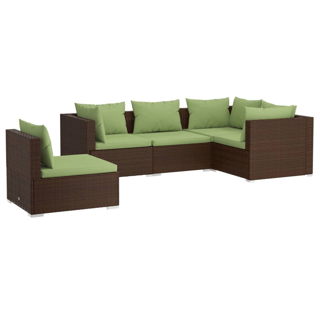 5-Piece Brown Poly Rattan Patio Lounge Set with Green Cushions | Modular Outdoor Furniture for Garden, Poolside & Backyard | Easy Assembly VidaXL