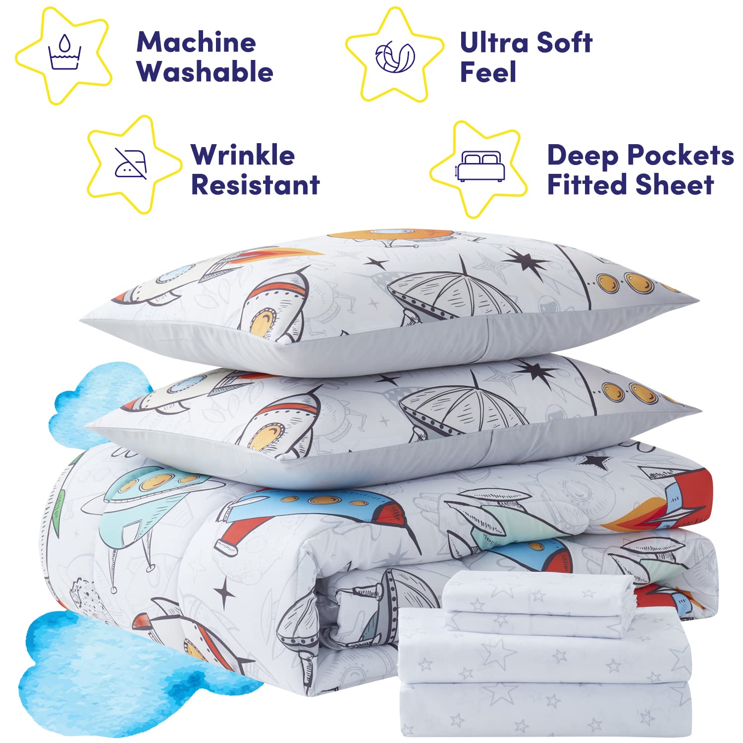 Kids Bedding Set for Boys & Girls - Full Size Bed in a Bag with Printed Space Theme Sheet & Comforter | Perfect for Toddlers' Room Decor & Space-Themed Bedrooms