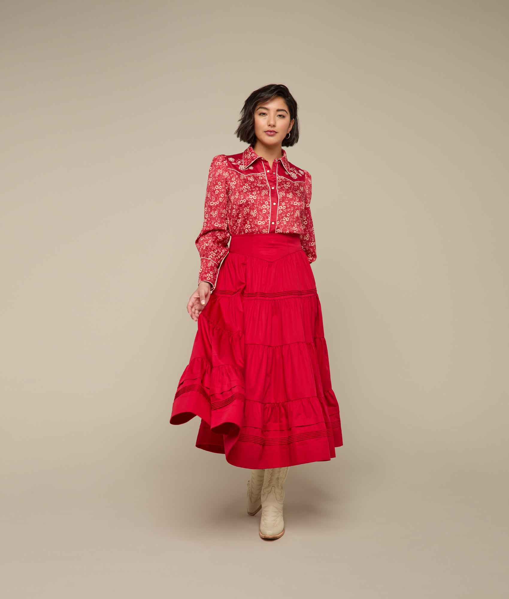 Dakota Tiered Skirt for Women - Flowy Red Midi Skirt with Elastic Waist | Perfect for Casual Outfits, Summer Dresses & Boho Style Fashion