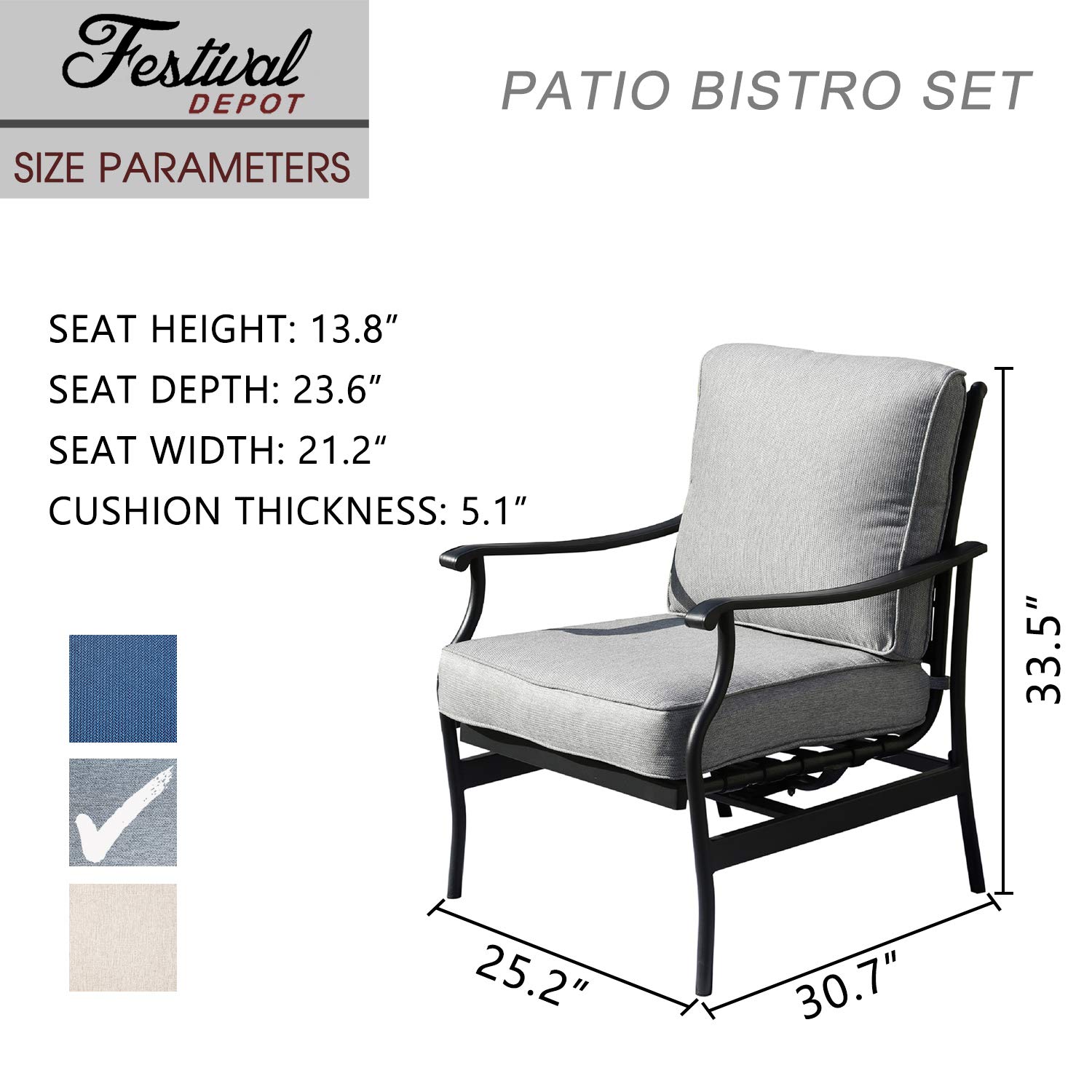 Premium Outdoor Patio Bistro Dining Chairs Set of 2 with Thick Cushions - Durable Metal Frame & Comfortable Fabric - Perfect for Garden, Backyard, Restaurant or Cafe Seating (Grey)