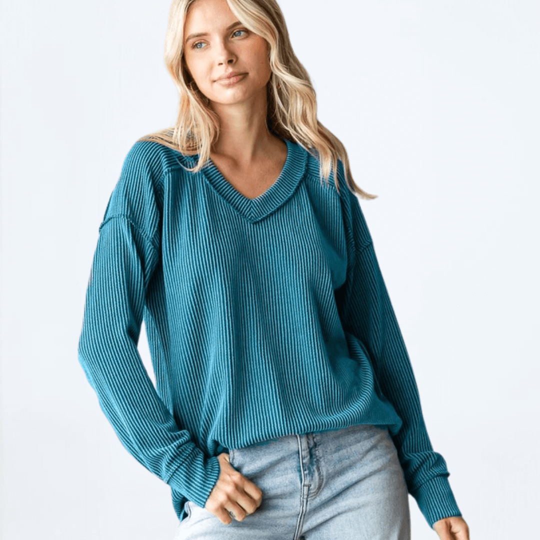 Stylish Cool Jade V-Neck Ribbed Top for Women | Made in USA | Perfect for Casual Wear, Date Nights & Layering