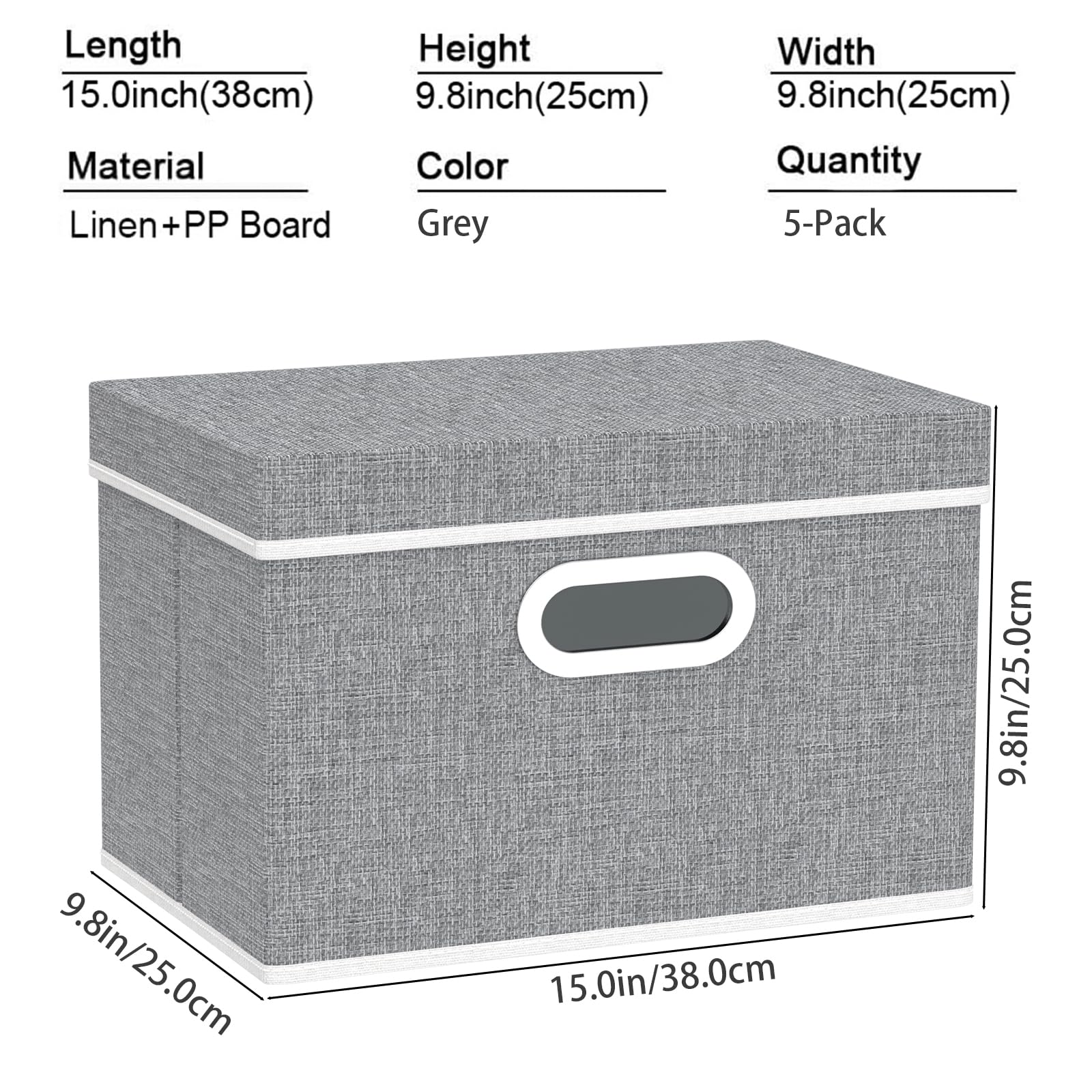 Yawinhe 5-Pack Storage Bins with Lids & Metal Handles - 15''L x 9.8''W x 9.8''H Waterproof Organizer Baskets for Closet, Home & Office Organization (Gray)