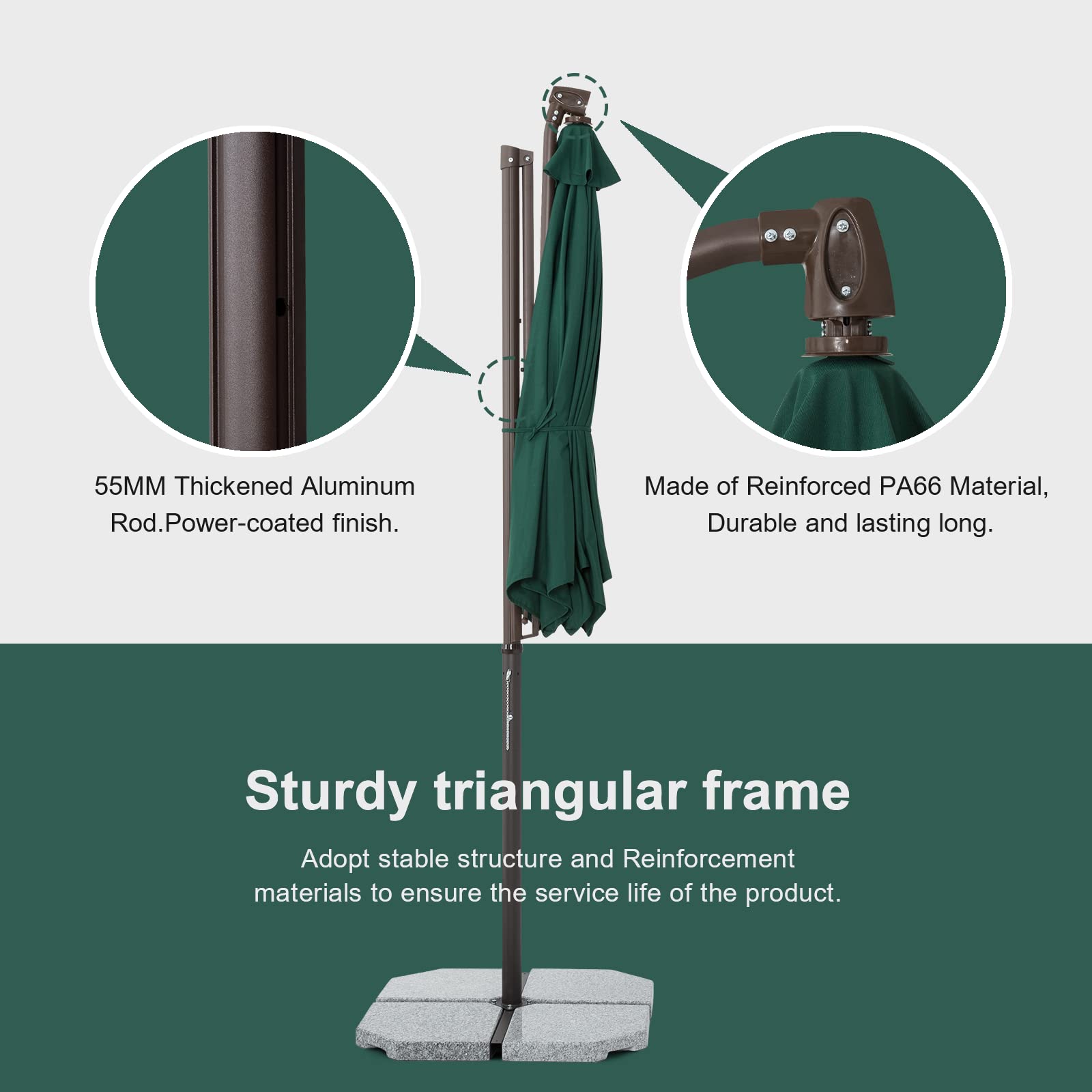 Premium Cantilever Patio Umbrella with Aluminum Stand - 3-Year Fade-Resistant Olefin Canopy, 360° Rotation & Adjustable Tilt - Perfect for Poolside, Deck, Garden, and Outdoor Dining Areas