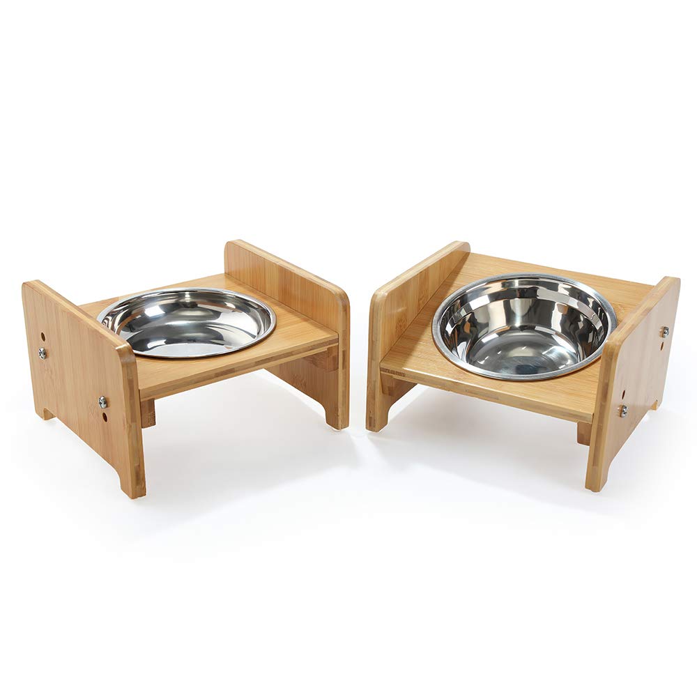 FOREYY Elevated Pet Bowls for Cats and Small Dogs - Set of 2 Bamboo Raised Dog & Cat Food Bowls with 3 Stainless Steel Inserts & Non-Slip Feet - Perfect for Comfortable Feeding at Home or Travel