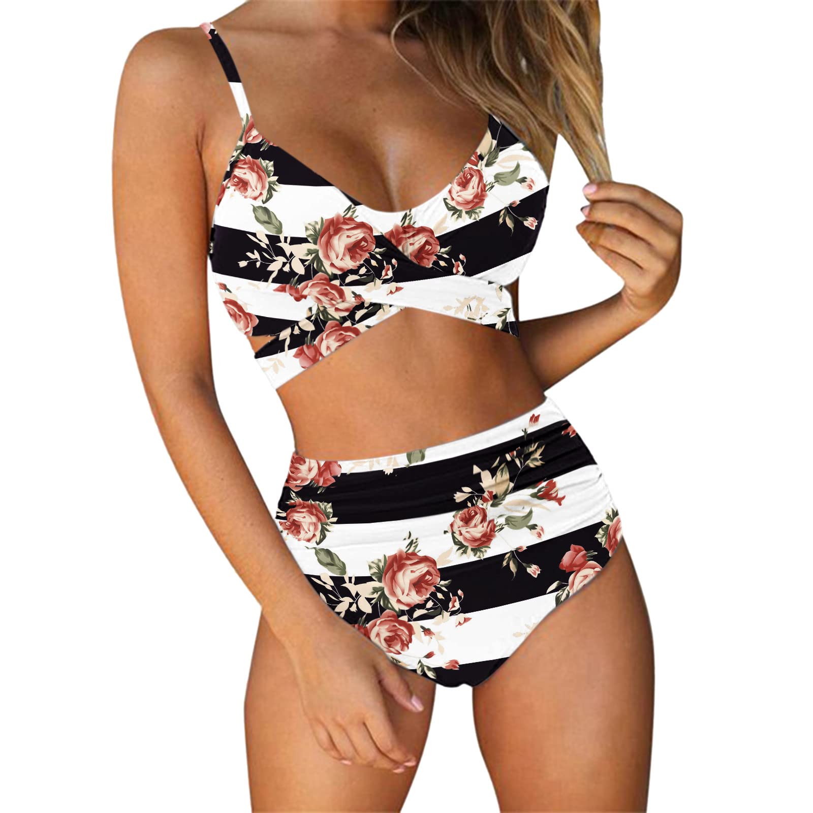 Women's Floral Print Criss Cross String Bikini Set - High Waisted 2 Piece Swimsuit for Teen Girls | Beach Vacation, Pool Party, Summer Swimwear