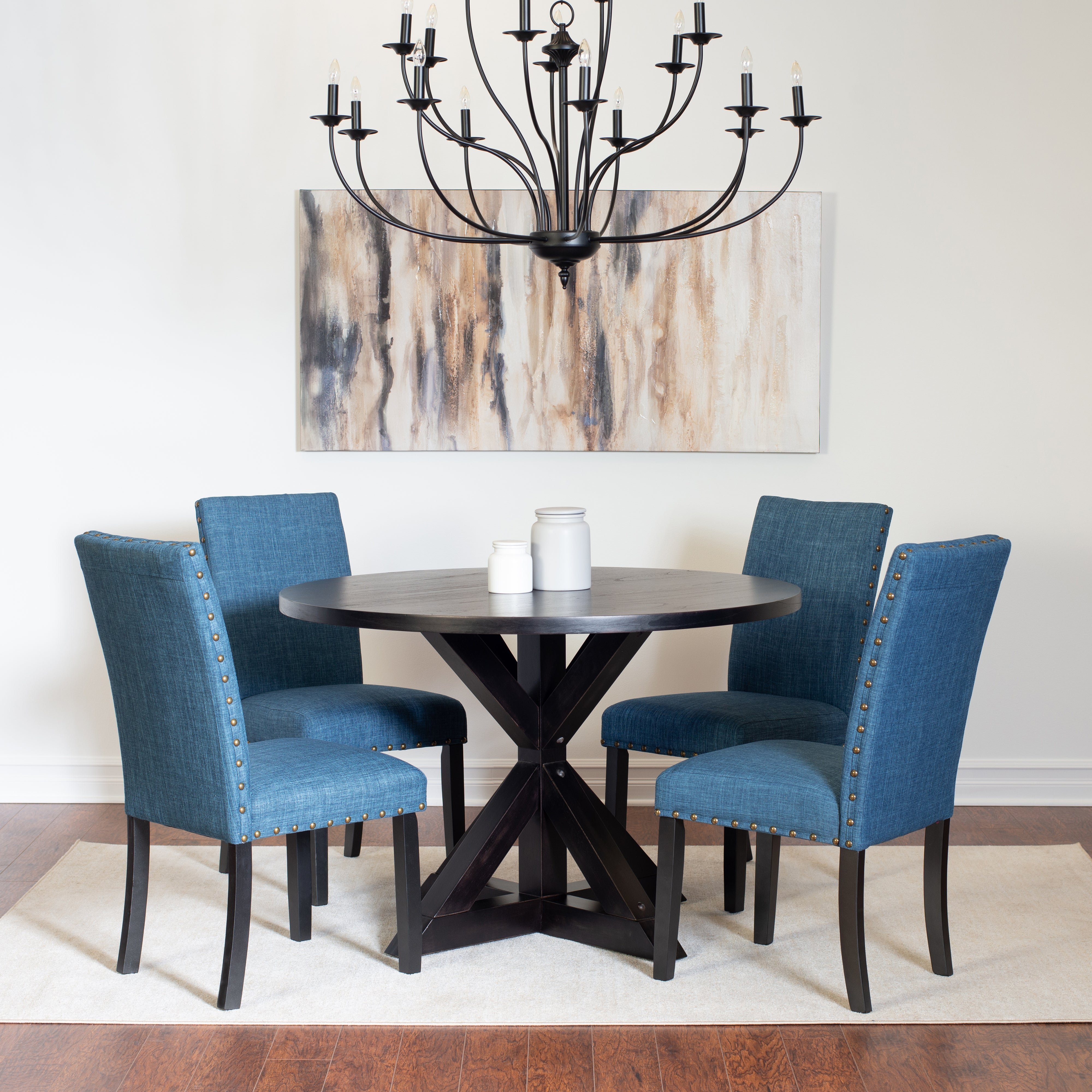 Roundhill Furniture Mytzi 5-Piece Dining Set - Cross Buck Farmhouse Style Dining Table with 4 Upholstered Chairs for Kitchen, Breakfast Nook & Small Space Dining