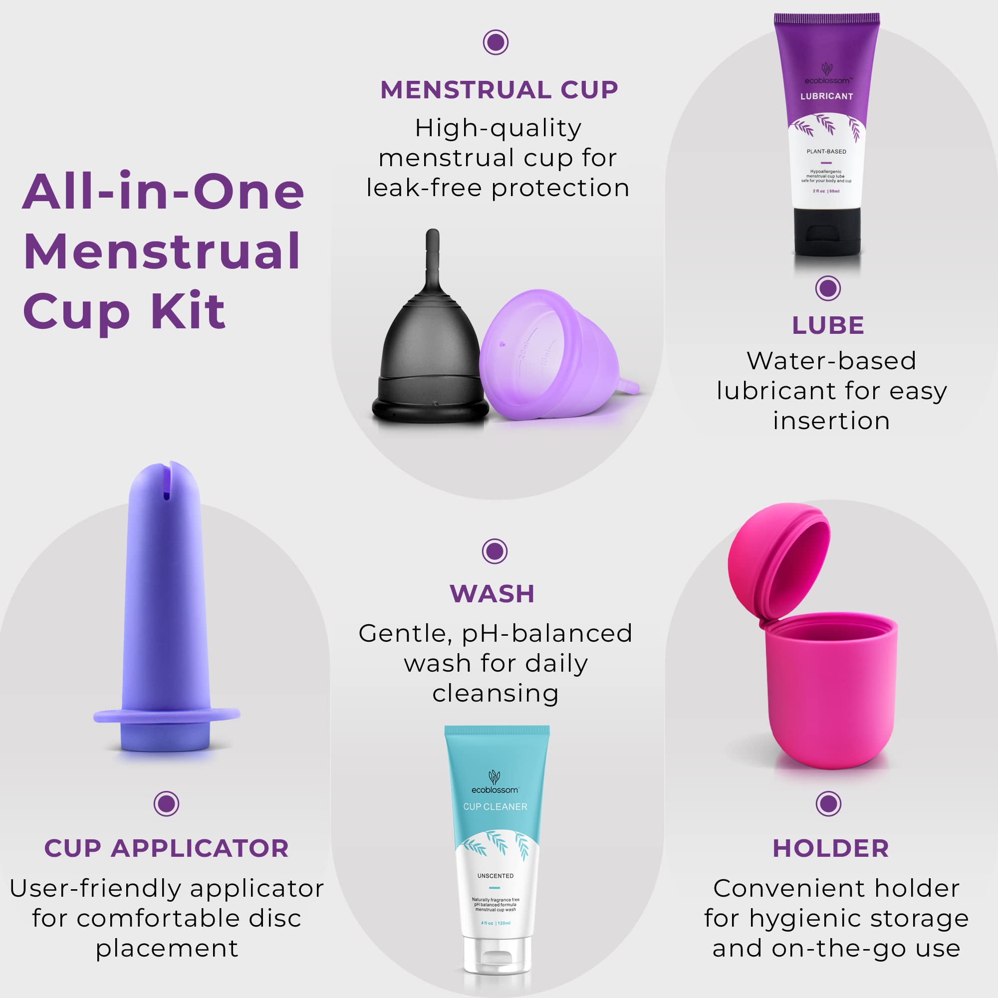 **EcoBlossom Complete Menstrual Cup Kit – Reusable Small & Large Period Cups, Silicone Sterilizer Holder, Cleansing Wash, Water-Based Lube & Easy-Insert Disc Applicator – All-Inclusive Set for Comfortable & Eco-Friendly Period Care**    *(Perfect for Travel, Gym, Swimming & Everyday Use – Leak-Proof & Sustainable Alternative to Pads & Tampons)*
