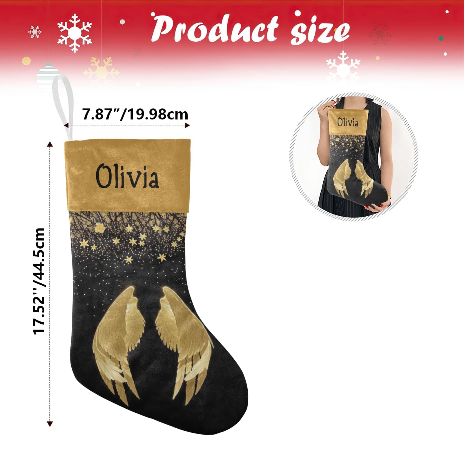 Personalized Gold Angel Wings Christmas Stockings with Name - Custom Holiday Gift for Boys, Girls & Pets (17.52 x 7.87 Inch) - Perfect for Fireplace Decor, Xmas Tree Hanging & Festive Home Decoration