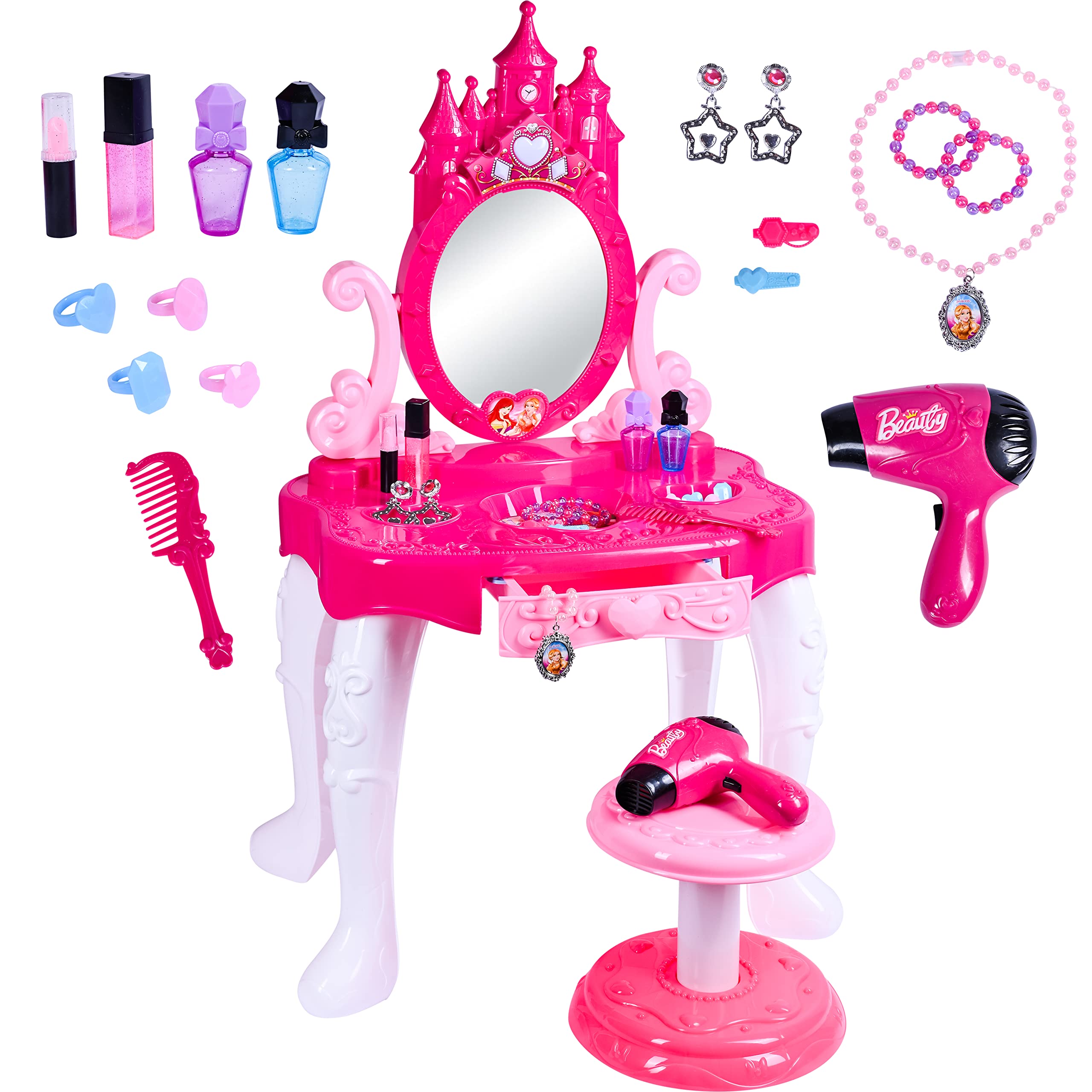 Play Vanity Sets for Girls - Toddler Makeup Vanity Playset with Mirror & Table | Kids Beauty Set with Fashion Accessories | Pretend Play, Birthday Gift & Room Decor