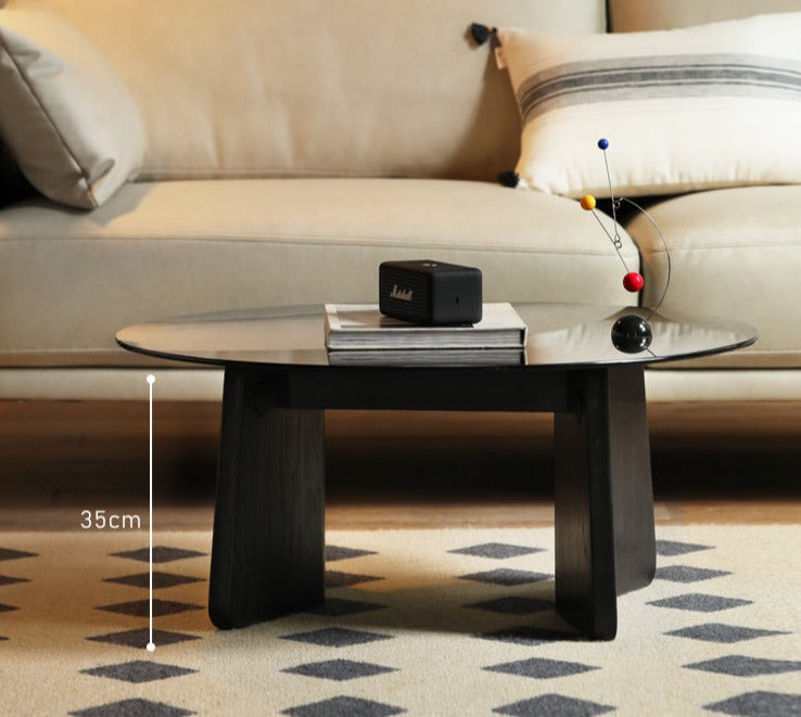Solid Oak Wood Smoky Coffee Table with Glass Top - Modern Living Room Furniture for Home Decor